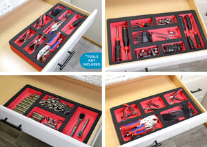 Tool Drawer Organizer 4-Piece Insert Set Red and Black Durable Foam Non-Slip Anti-Rattle Bin Holder Tray 20 x 10 Inch Large Pockets Fits Craftsman Husky Kobalt Milwaukee and Many Others