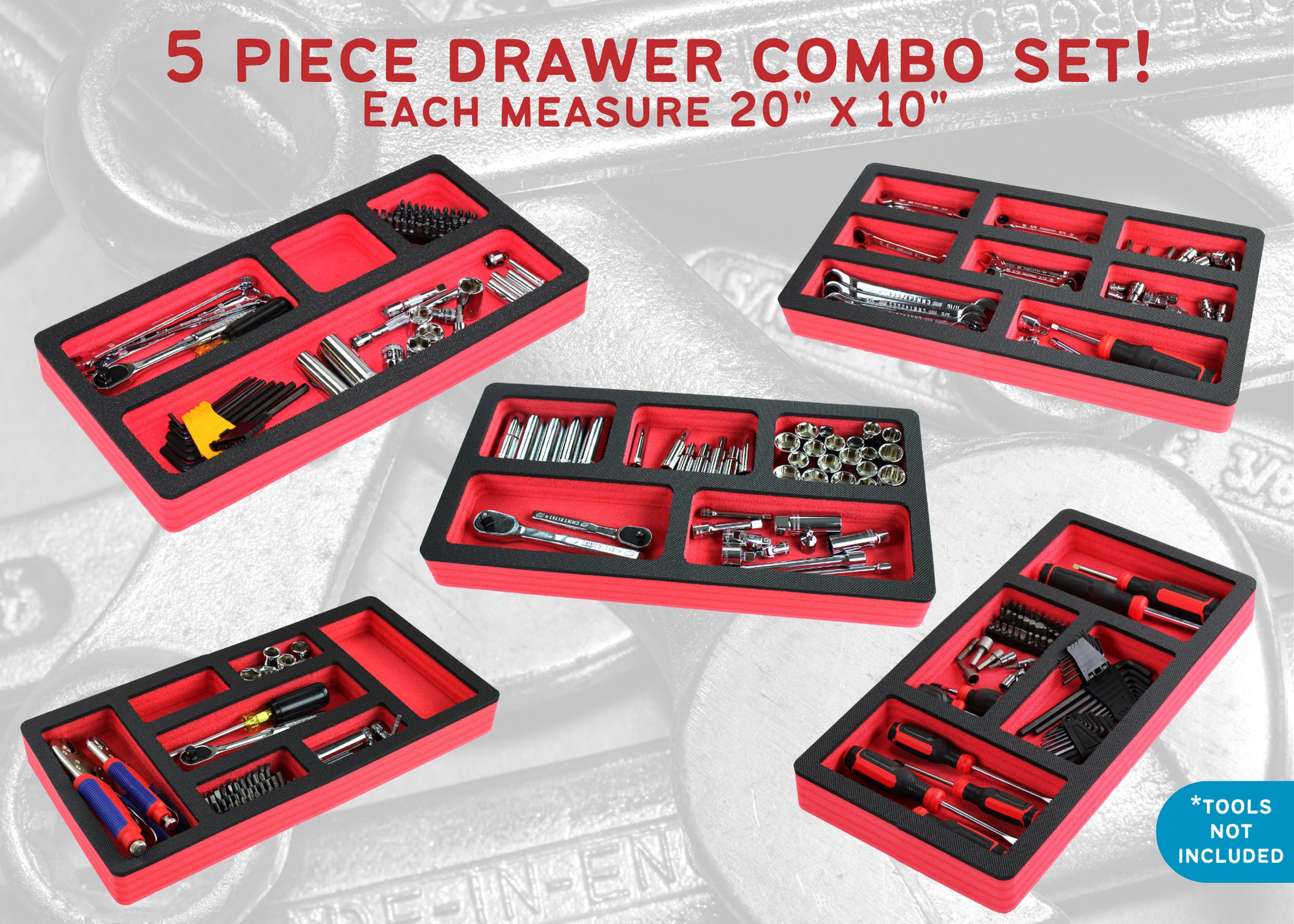 Tool Drawer Organizer 5-Piece Insert Set Red and Black Durable