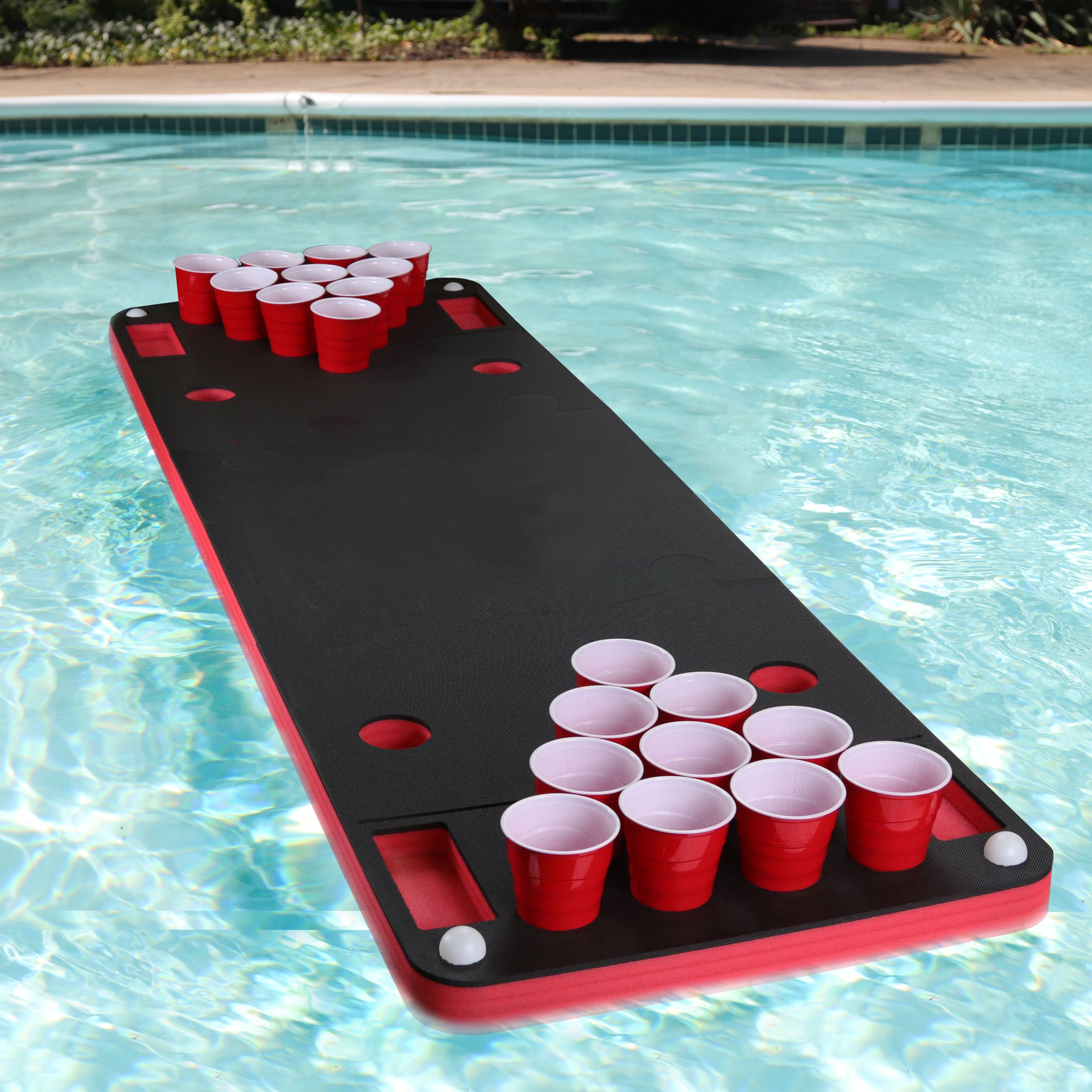 Floating Beer Pong Table Red and Black Pool Party Float Game and Lounge Durable Foam 6 Feet Long Indoor Outdoor Lake Beach Lawn Balls Included