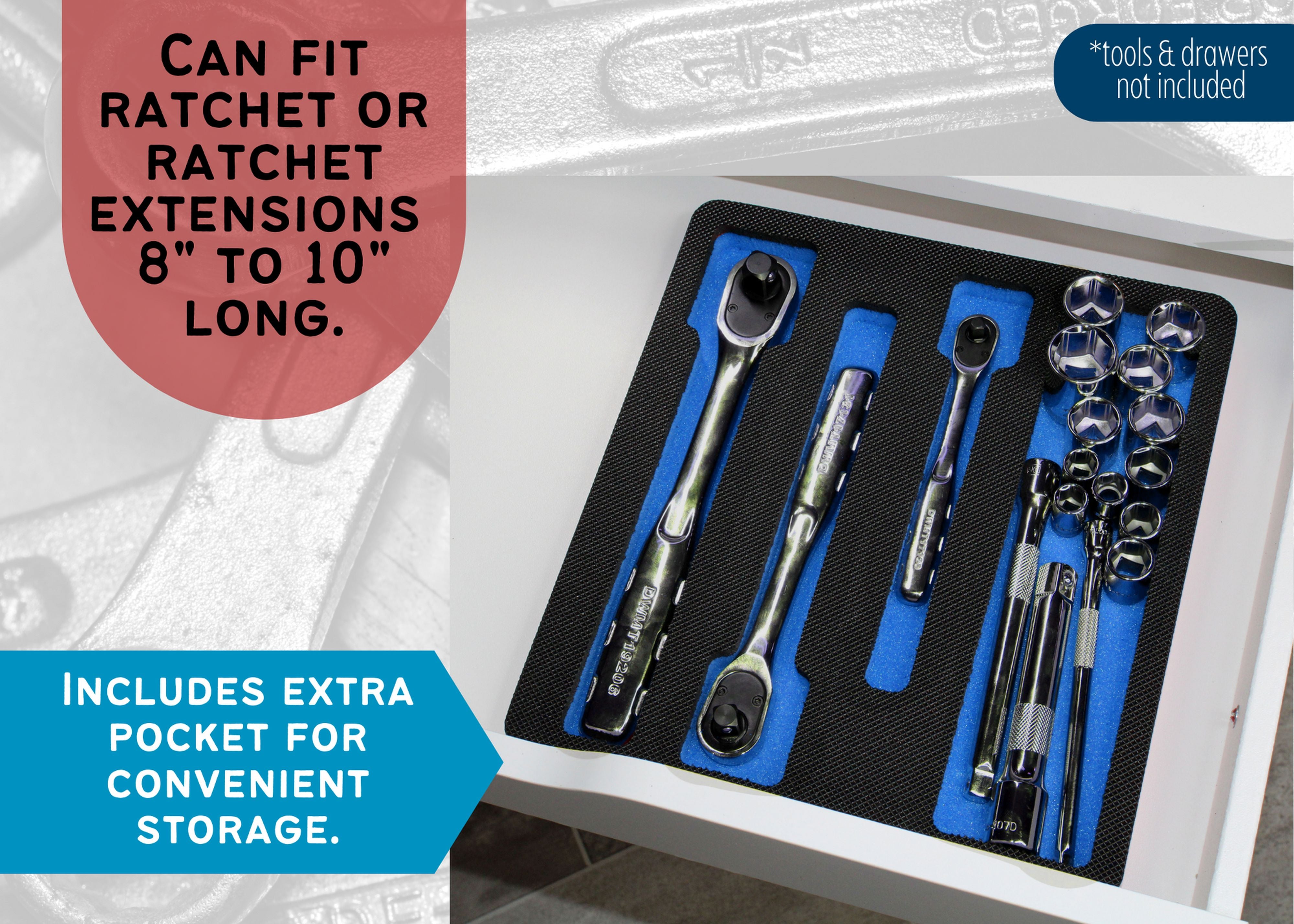 Tool Drawer Organizer Ratchet Socket Wrench Holder Insert Blue Black Durable Foam Tray Holds 3 Ratchets or Extensions Up To 10 Inches Long Fits Craftsman Husky Kobalt Milwaukee Many More