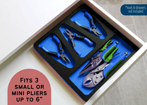 Tool Drawer Organizer Small Pliers Holder Insert Blue and Black Durable Foam Tray 4 Pockets Holds 3 Small Pliers Up To 6 Inches Long Fits Craftsman Husky Kobalt Milwaukee Many Others