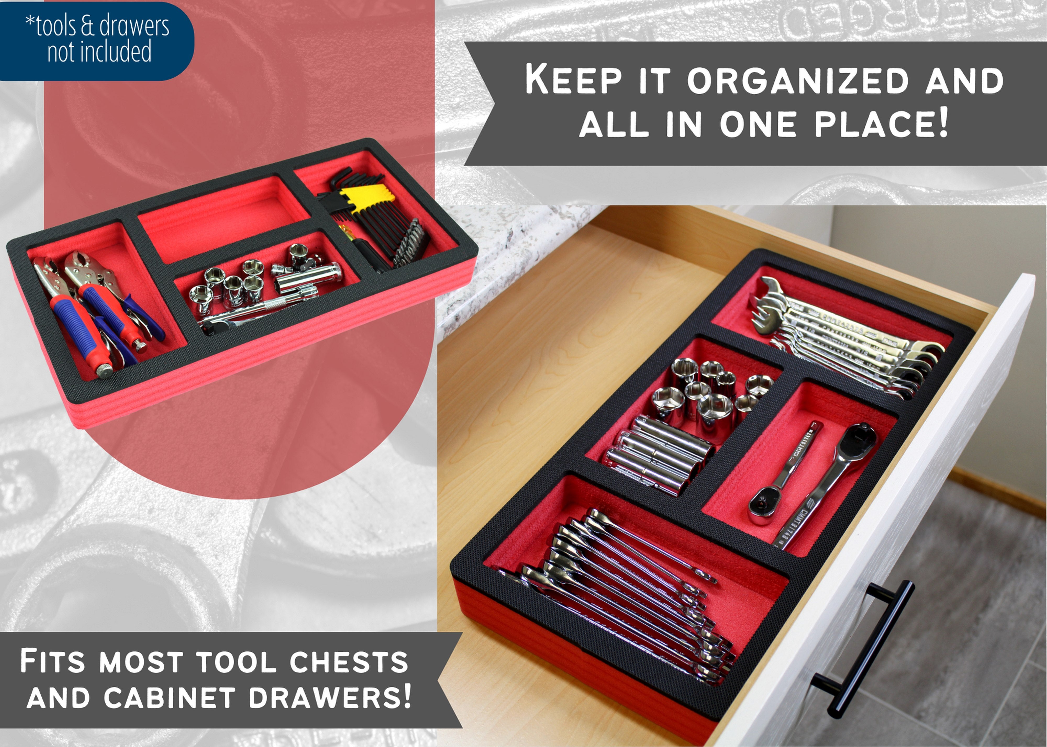 Tool Drawer Organizer Insert Red and Black Durable Foam Strong Non-Slip Anti-Rattle Bin Holder Tray 20 x 10 Inches 4 Large Pockets Fits Craftsman Husky Kobalt Milwaukee and Many Others
