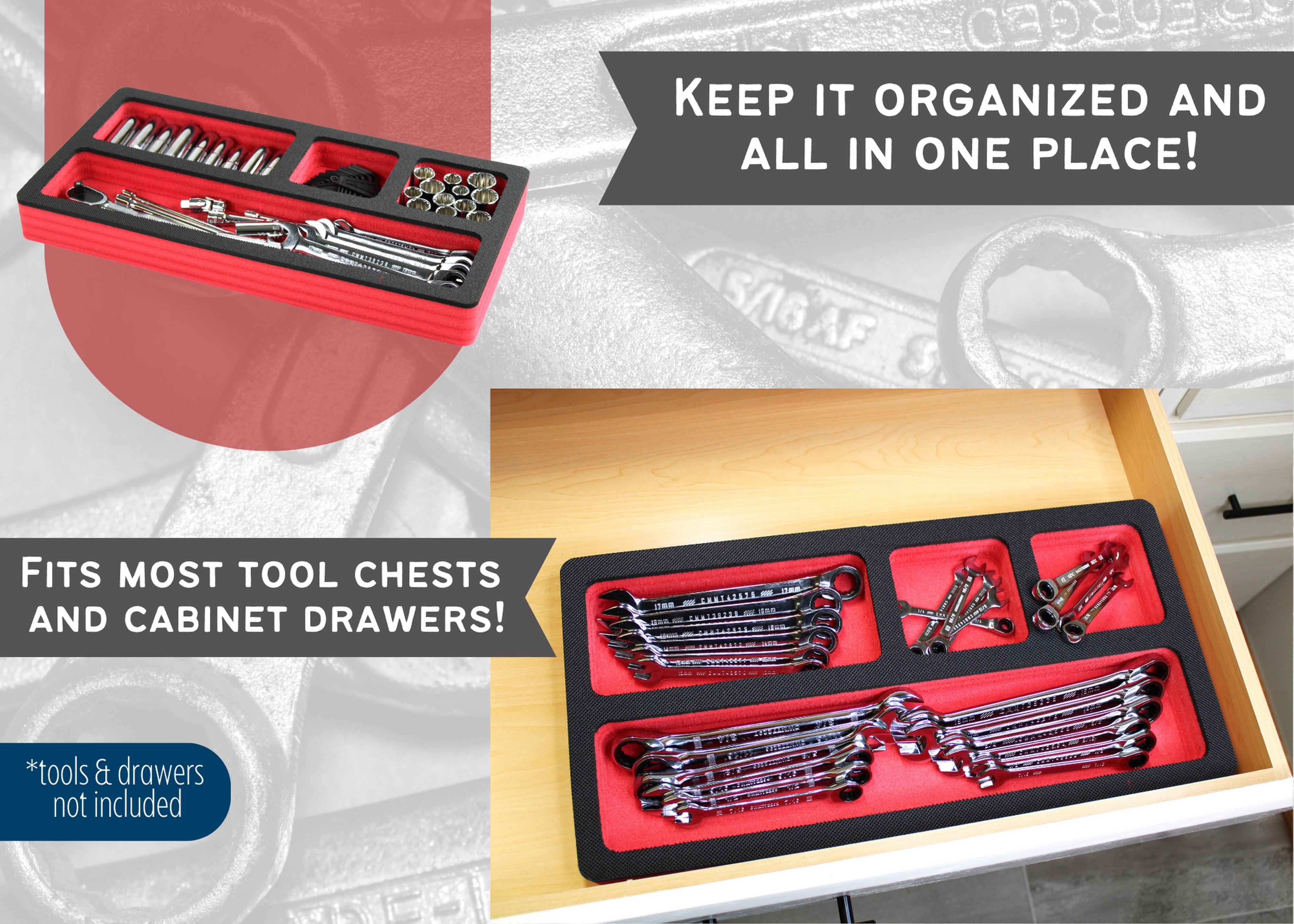 Tool Drawer Organizer Insert Red and Black Durable Foam Strong Non-Slip Anti-Rattle Bin Holder Tray 20 x 10 Inches 4 Pockets Fits Craftsman Husky Kobalt Milwaukee and Many Others