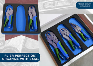 Tool Drawer Organizer Pliers Holder Insert Blue and Black Durable Foam Tray 3 Pockets Holds 3 Pliers Up To 9 Inches Long Fits Craftsman Husky Kobalt Milwaukee Many Others