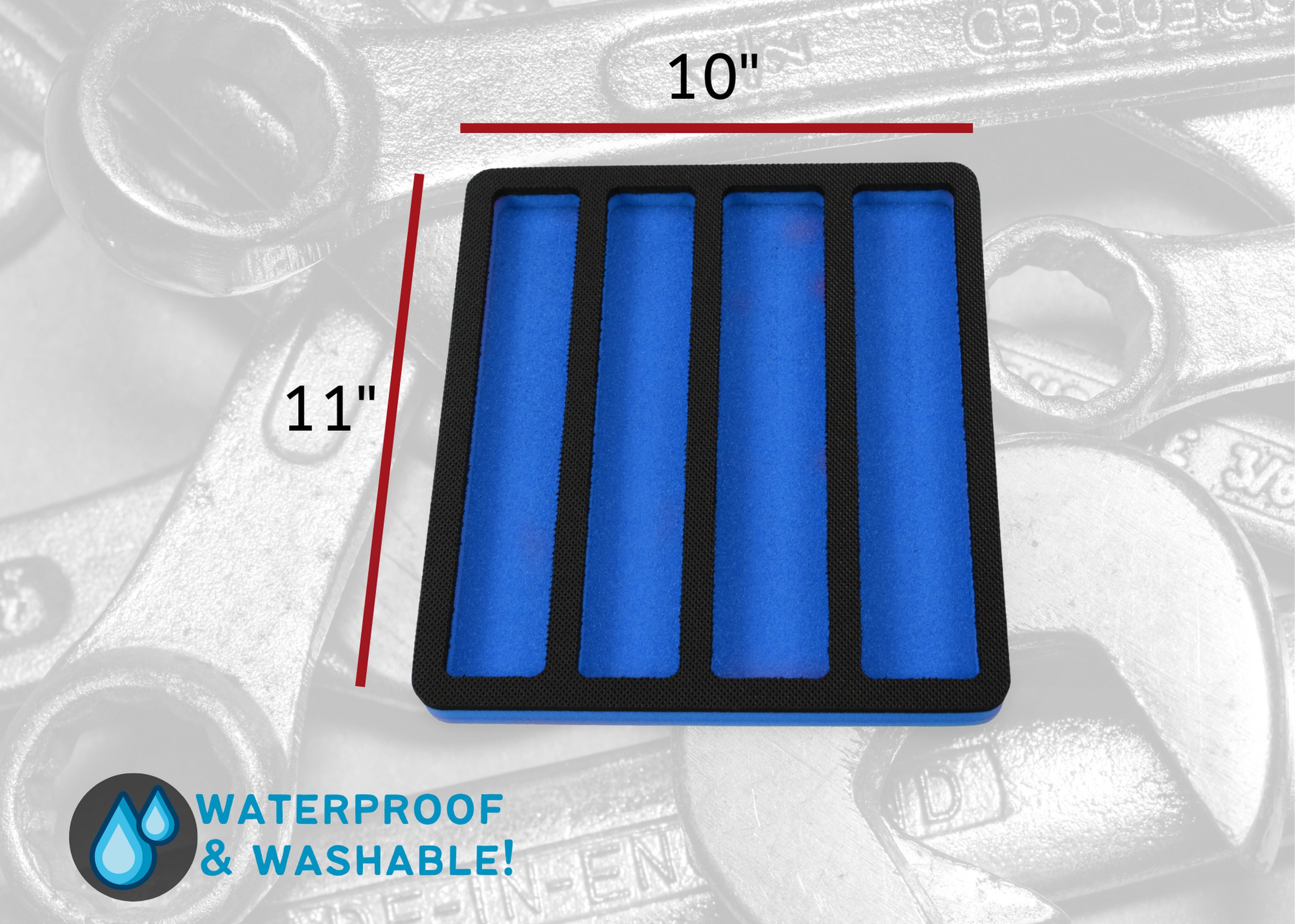 Tool Drawer Organizer Wrench Holder Insert Blue and Black Durable Foam Tray 4 Pockets Holds Wrenches Up To 10 Inches Long Fits Craftsman Husky Kobalt Milwaukee Many Others