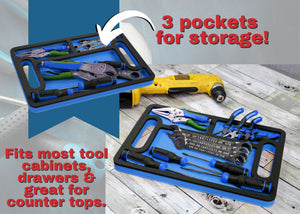 Tool Work Tray Organizer Blue and Black Durable Foam Strong Non-Slip Anti-Rattle Bin Holder Drawer Insert with Handles 3 Pockets Portable Automotive Home Work Shop Garage 15 x 10 Inches