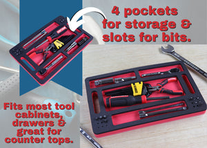 Tool Work Tray Organizer Red and Black Durable Foam Non-Slip Anti-Rattle Bin Holder Drawer Insert with Handles 4 Pockets with Bit Holes Portable Home Work Garage 14 x 9 Inches