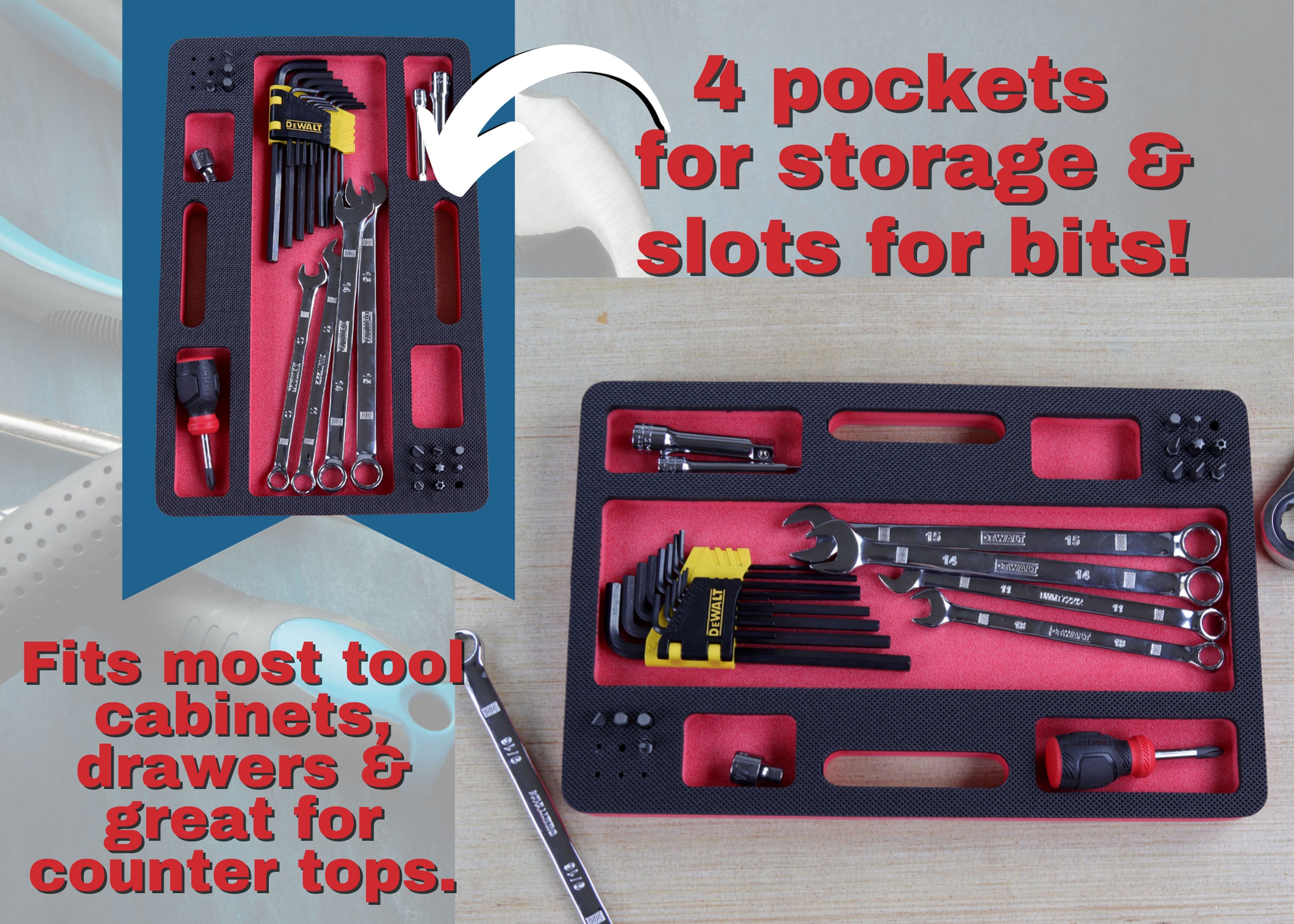 Tool Work Tray Organizer Red and Black Durable Foam Non-Slip Anti-Rattle Bin Holder Drawer Insert with Handles 5 Pockets with Bit Holes Portable Home Work Garage 14 x 9 Inches