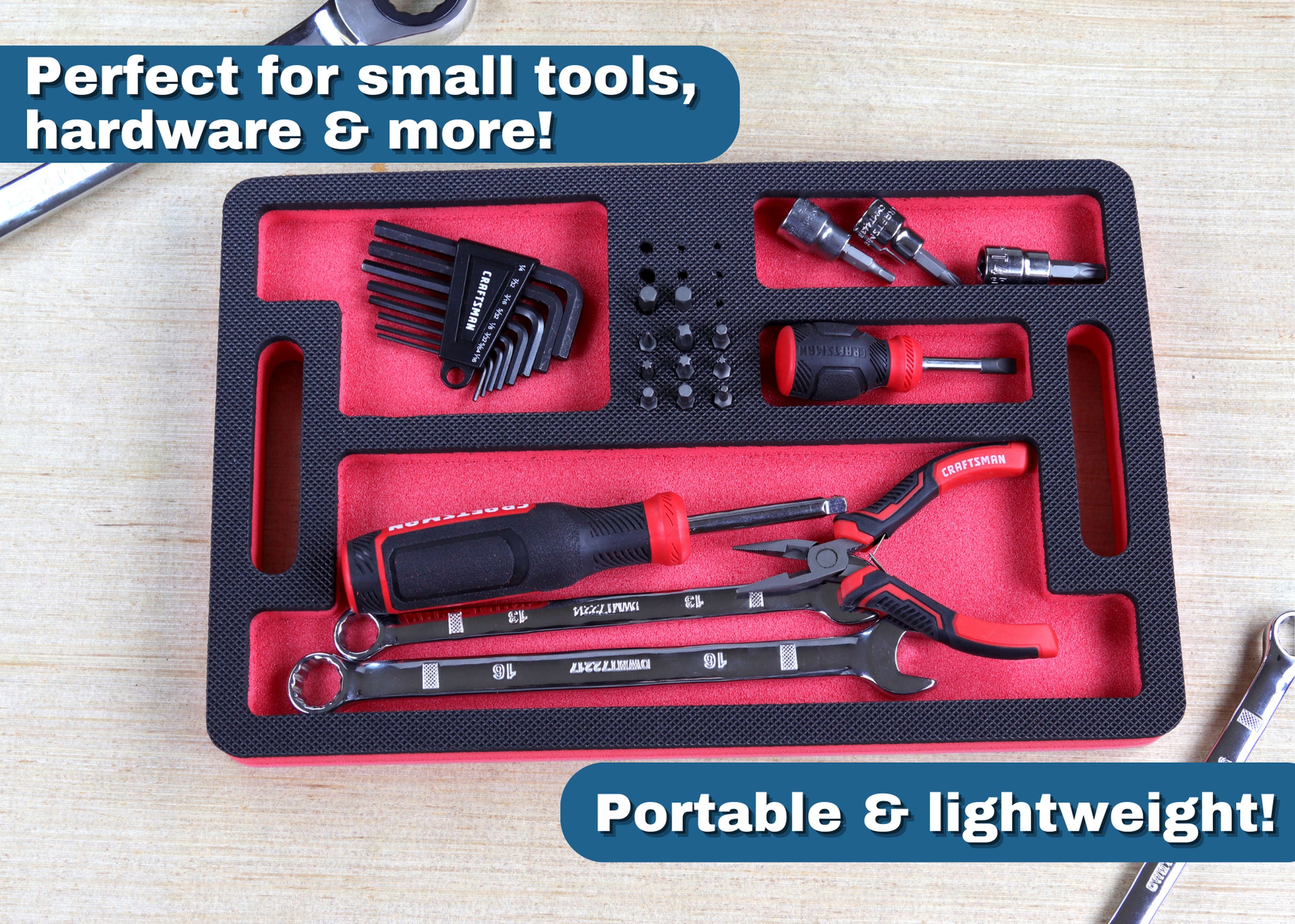 Tool Work Tray Organizer Red and Black Durable Foam Non-Slip Anti-Rattle Bin Holder Drawer Insert with Handles 4 Pockets with Bit Holes Portable Home Work Garage 14 x 9 Inch