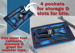 Tool Work Tray Organizer Blue and Black Durable Foam Non-Slip Anti-Rattle Bin Holder Drawer Insert with Handles 4 Pockets with Bit Holes Portable Home Work Garage 14 x 9 Inches