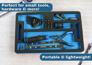 Tool Work Tray Organizer Blue and Black Durable Foam Non-Slip Anti-Rattle Bin Holder Drawer Insert with Handles 4 Pockets with Bit Holes Portable Home Work Garage 14 x 9 Inch