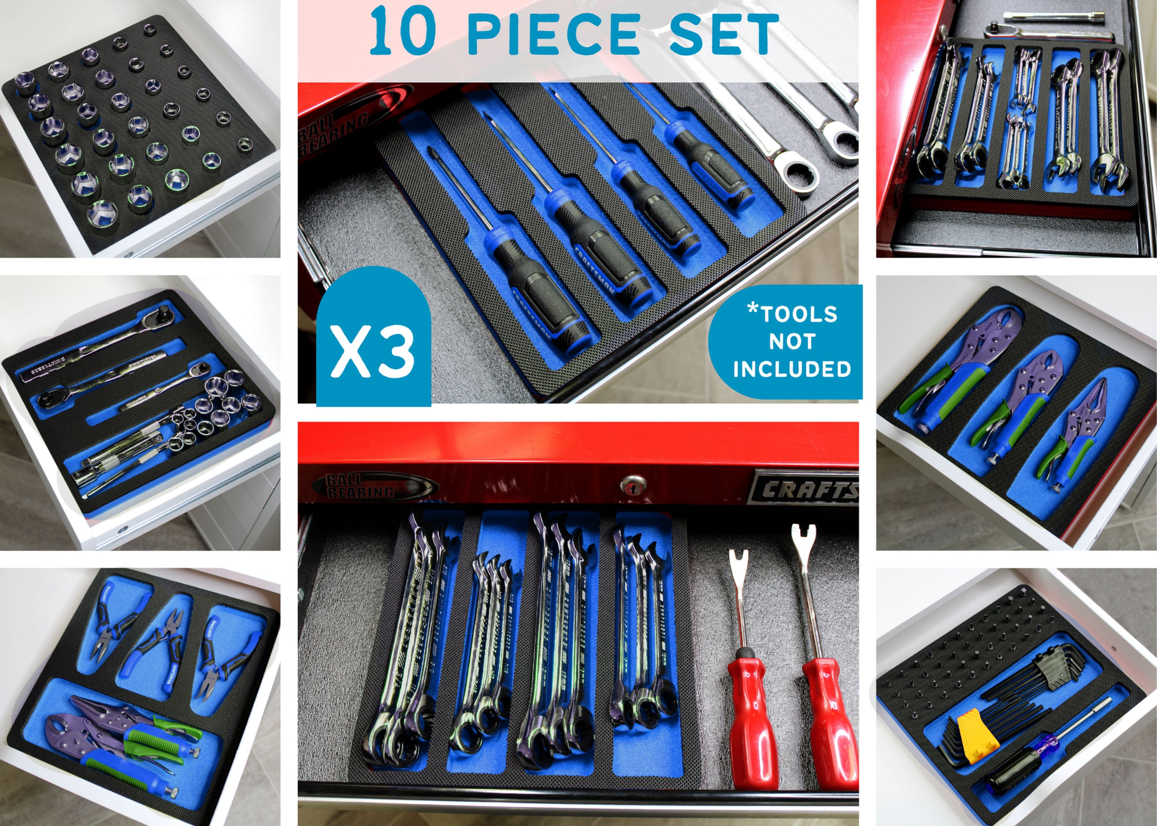 Tool Drawer Organizer 10-Piece Insert Set Blue and Black Durable Foam Holds Many Tools and Accessories 10 x 11 Inch Trays Fits Craftsman Husky Kobalt Milwaukee Many Others