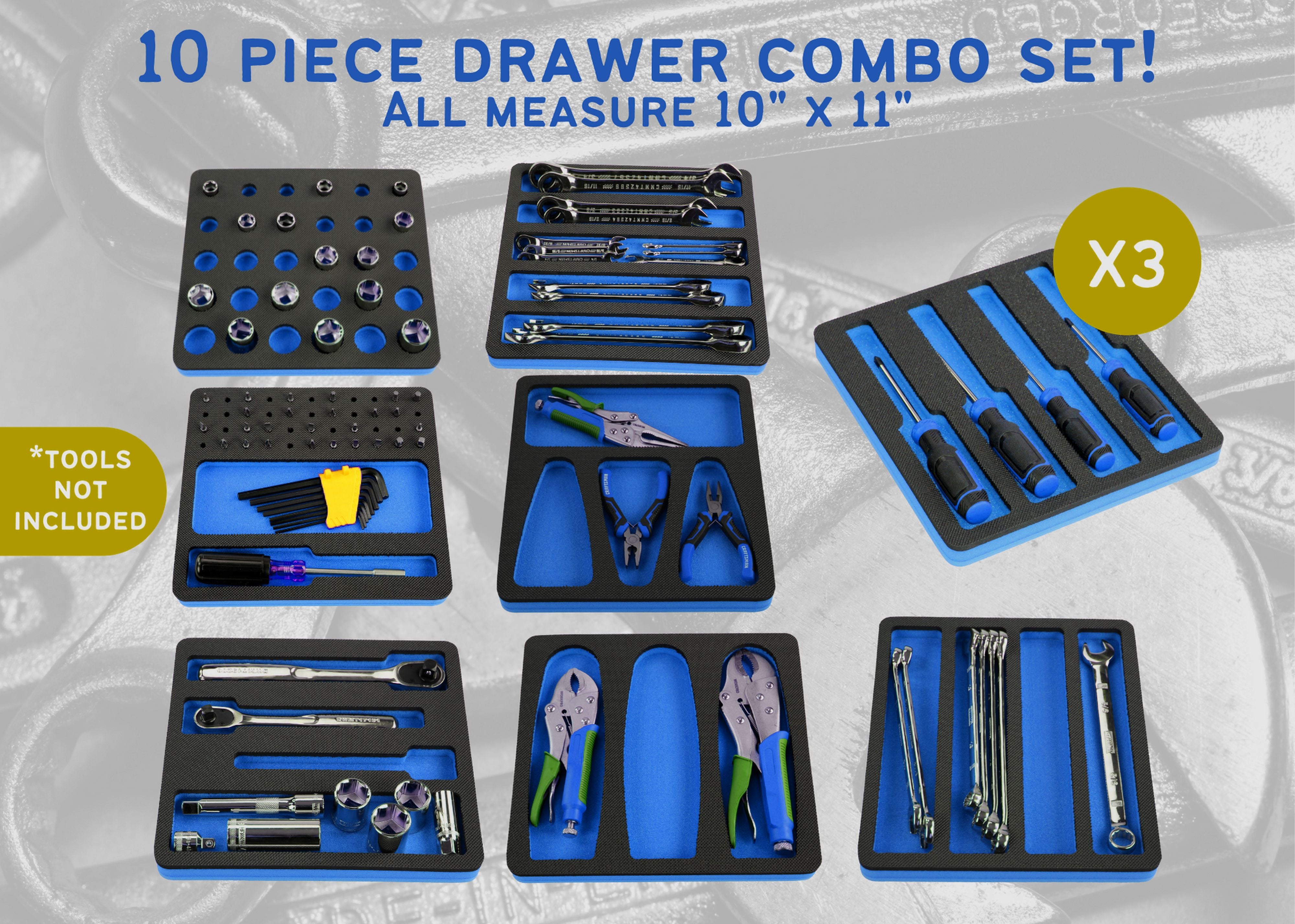 Tool Drawer Organizer 10-Piece Insert Set Blue and Black Durable Foam Holds Many Tools and Accessories 10 x 11 Inch Trays Fits Craftsman Husky Kobalt Milwaukee Many Others