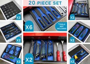 Tool Drawer Organizer 20-Piece Insert Set Blue and Black Durable Foam Holds Many Tools and Accessories 10 x 11 Inch Trays Fits Craftsman Husky Kobalt Milwaukee Many Others