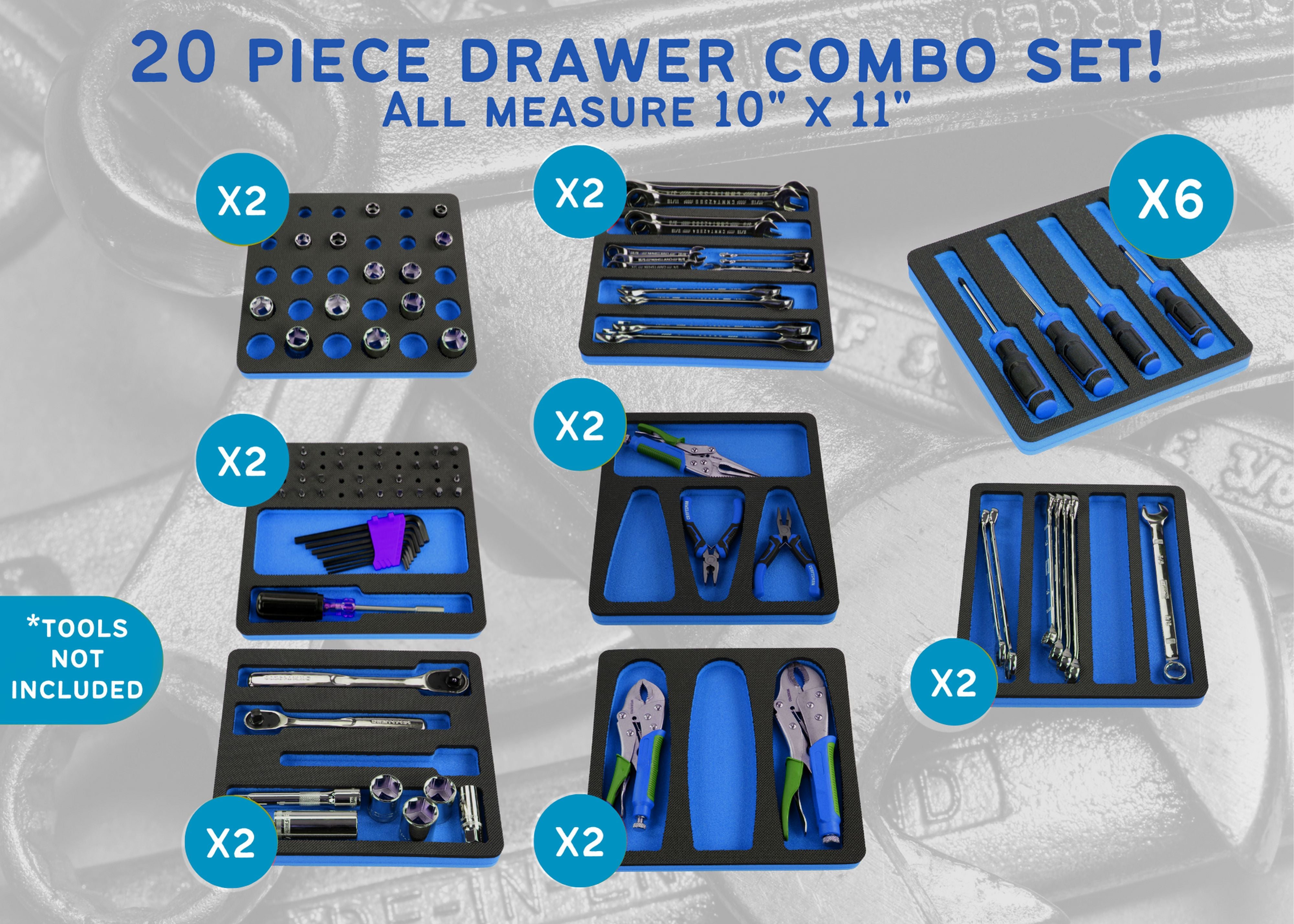 Tool Drawer Organizer 20-Piece Insert Set Blue and Black Durable Foam Holds Many Tools and Accessories 10 x 11 Inch Trays Fits Craftsman Husky Kobalt Milwaukee Many Others