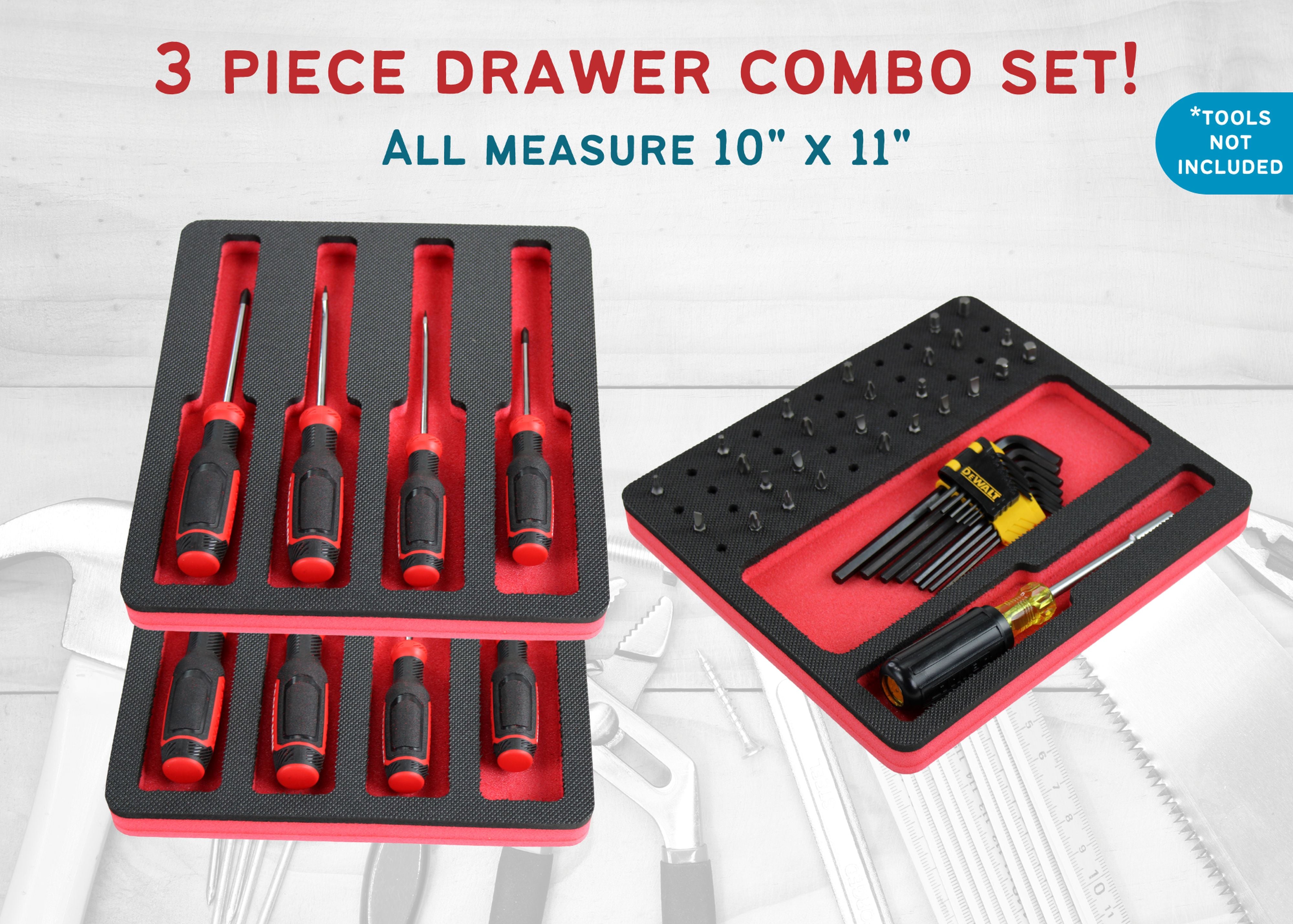 Tool Drawer Organizer 3-Piece Screwdriver Bit Driver Insert Set Red and Black Durable Foam Holds Many Tools 10 x 11 Inch Trays Fits Craftsman Husky Kobalt Milwaukee Many Others