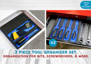 Tool Drawer Organizer 3-Piece Screwdriver Bit Driver Insert Set Blue and Black Durable Foam Holds Many Tools 10 x 11 Inch Trays Fits Craftsman Husky Kobalt Milwaukee Many Others