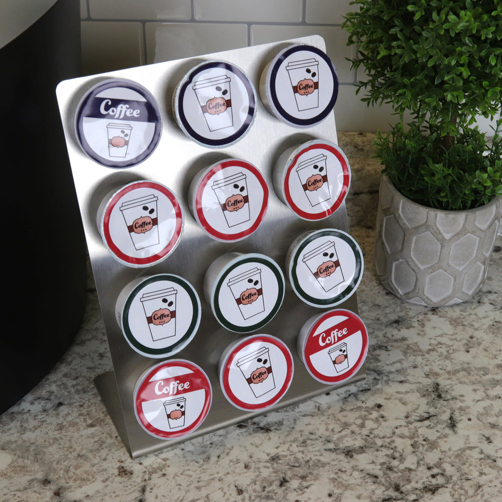 Brushed Stainless Steel Coffee Pod Organizer Holds 12
