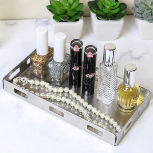 Modern Brushed Stainless Steel Vanity Tray Durable Polished Solid Metal for Home Bedroom Bathroom Living Room Perfume Jewelry Makeup 7.75 x 4 Inches