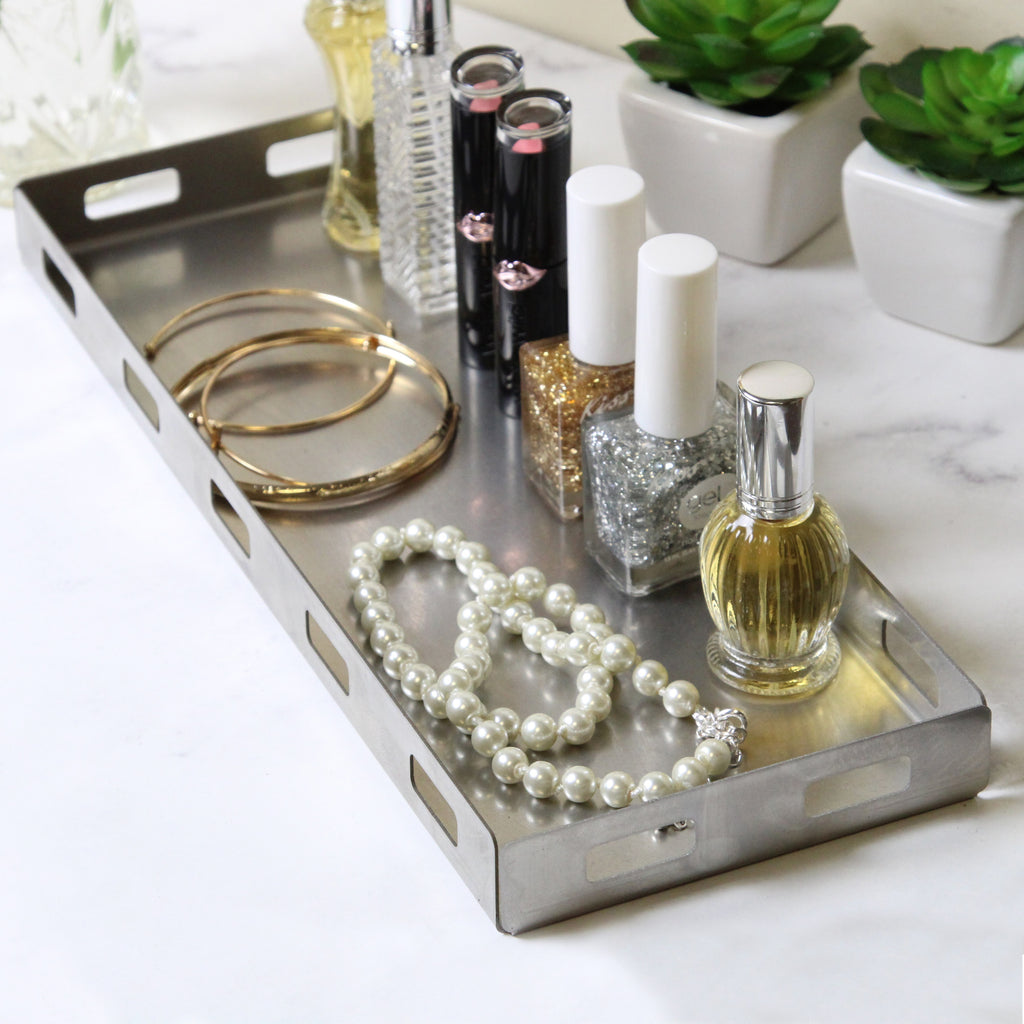 Modern Brushed Stainless Steel Vanity Tray Durable Polished Solid Metal for Home Bedroom Bathroom Living Room Perfume Jewelry Makeup 12 x 4.5 Inches