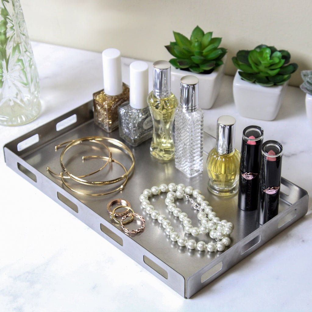 Modern Brushed Stainless Steel Vanity Tray Durable Polished Solid Metal for Home Bedroom Bathroom Living Room Perfume Jewelry Makeup 9.75 x 6 Inches