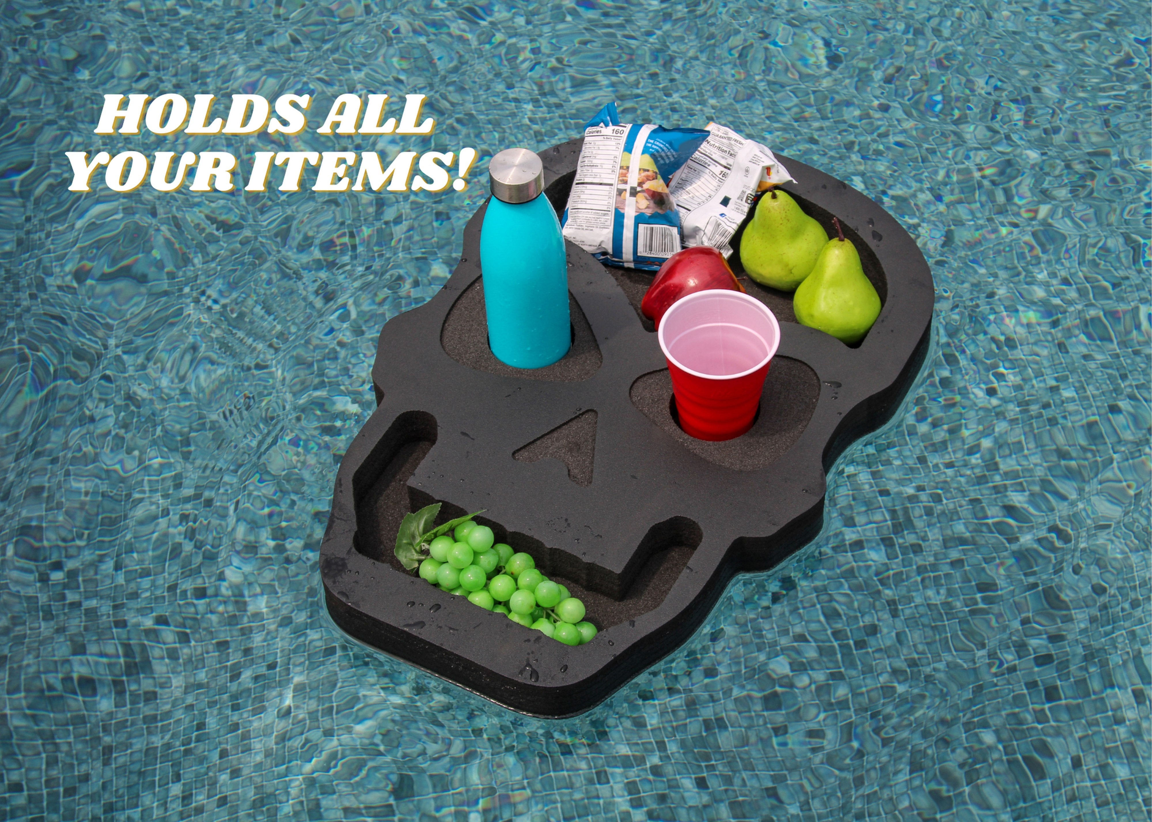 Skull Drink Holder Floating Refreshment Table Tray for Pool or Beach Party Float Lounge Durable Black Foam 4 Compartment with Cup Holders 2 Feet