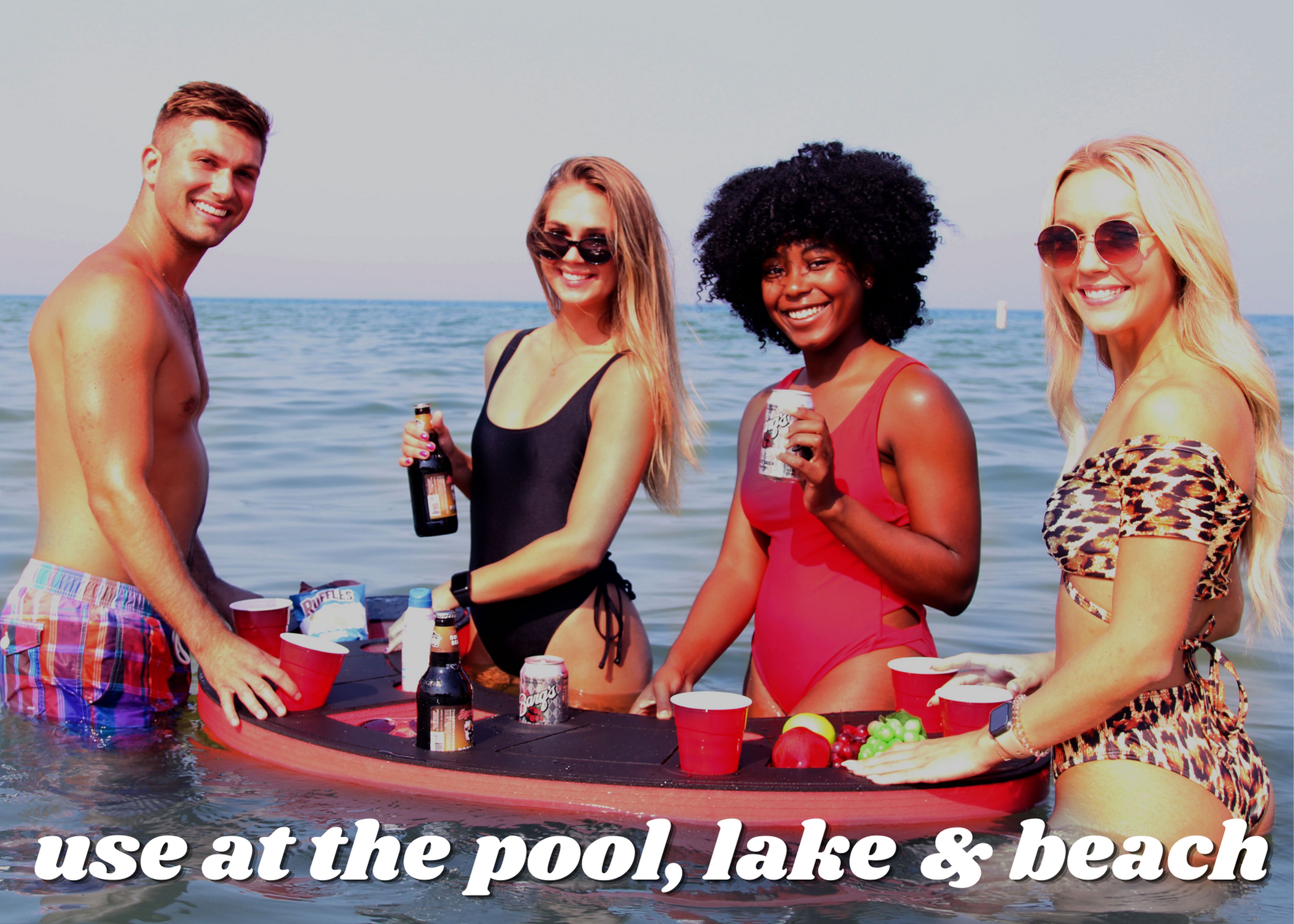 Giant Red and Black Floating Bar Table Tray Bartender Drink Holder for Pool or Beach Party Float Lounge Durable Foam 15 Compartment 5 Feet Long