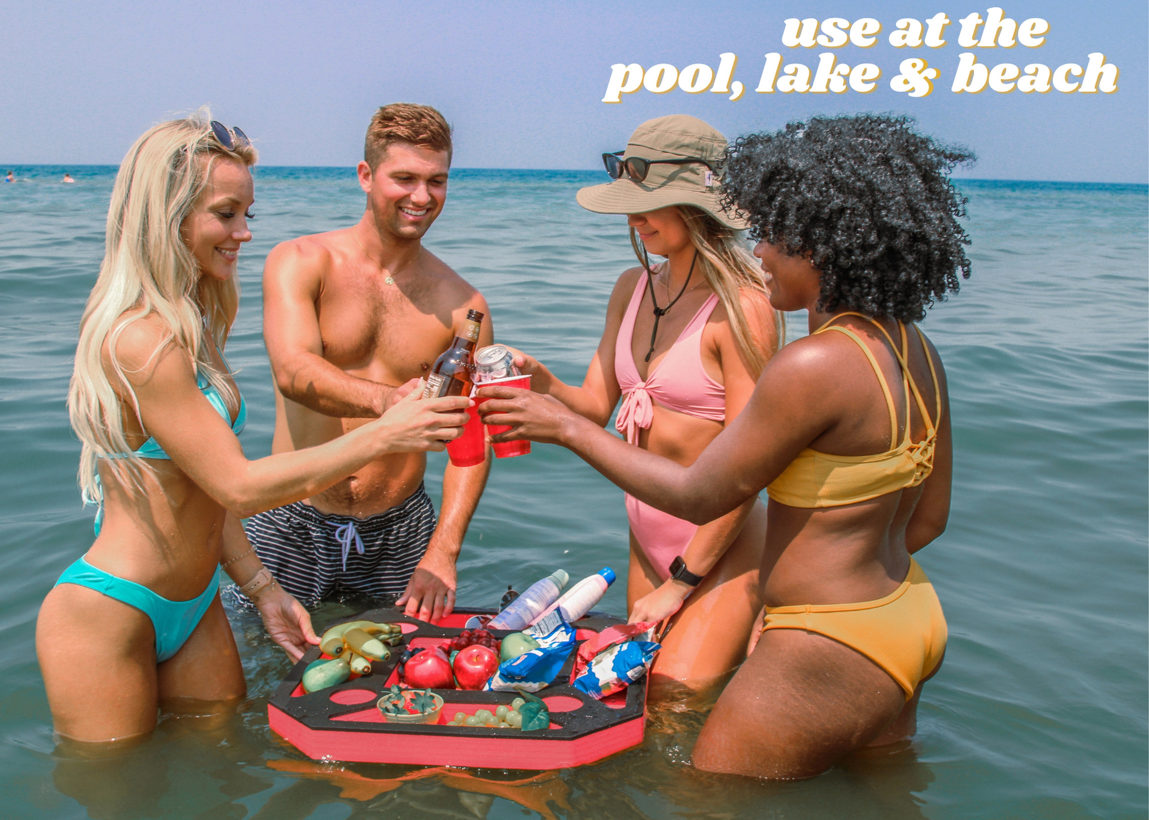 Large Floating Spa Hot Tub Bar Drink and Food Table Red and Black Tray for Pool or Beach Party Float Lounge Durable Foam 23.5 Inches 9 Compartment