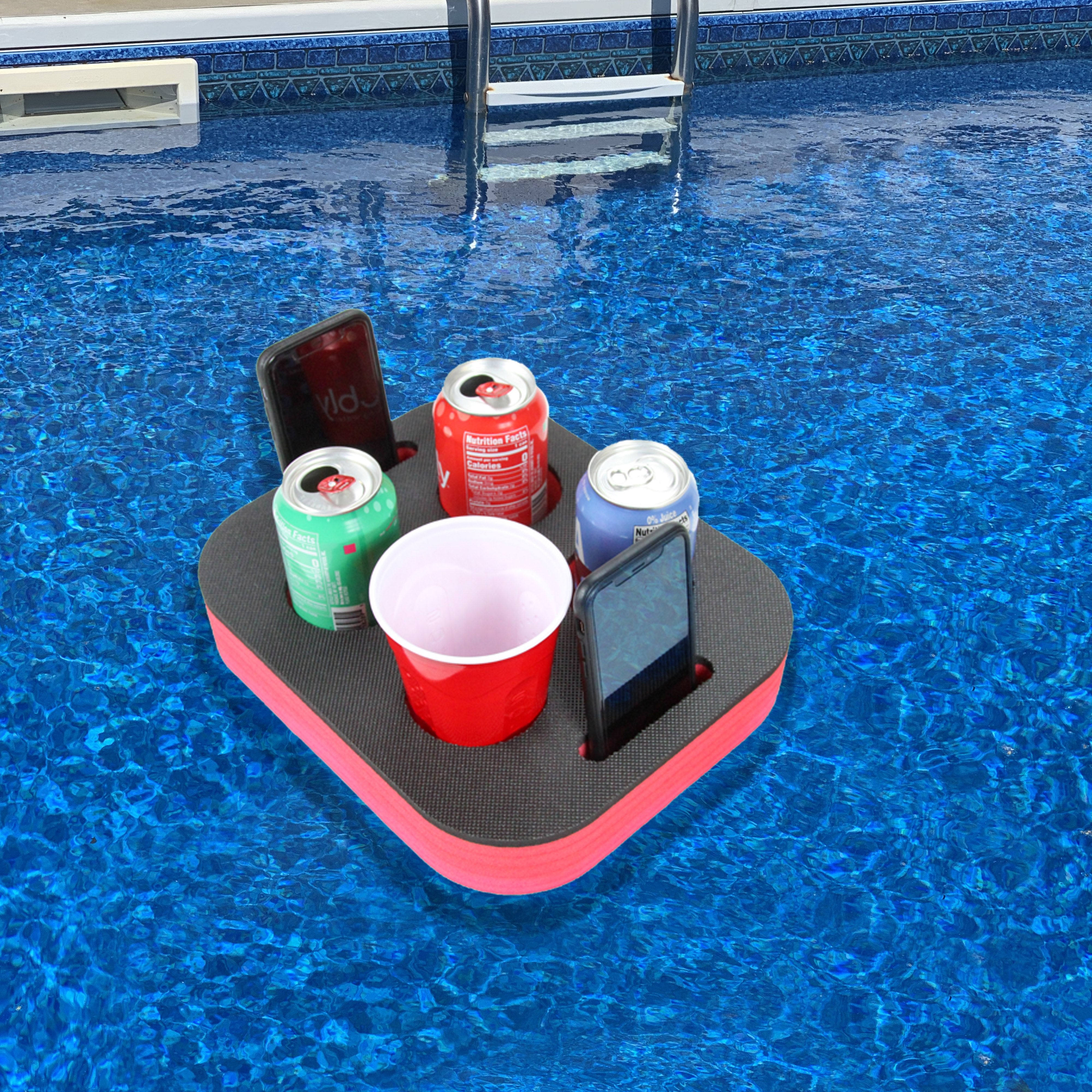 Drink Holder Floating Red Refreshment Tray for Pool or Beach Party Float Lounge Durable Foam 6 Compartment UV Resistant 12 x 10 Inches Cup Holders