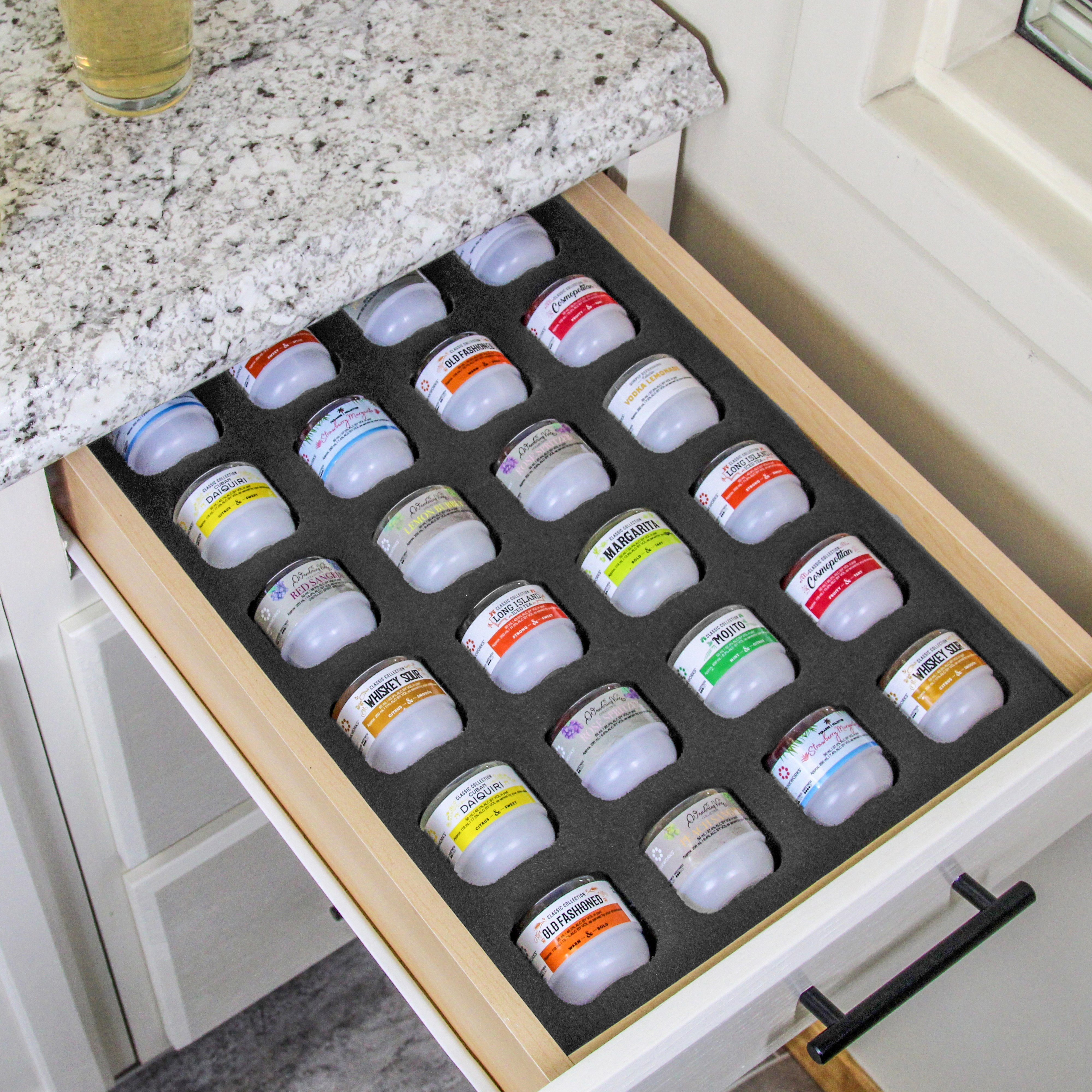 Cocktail Capsule Drawer Tray Insert Compatible Keurig DrinkWorks Pods for Kitchen Home Bar Party Waterproof Foam 24 Compartment 12.6 x 17.9 Inches