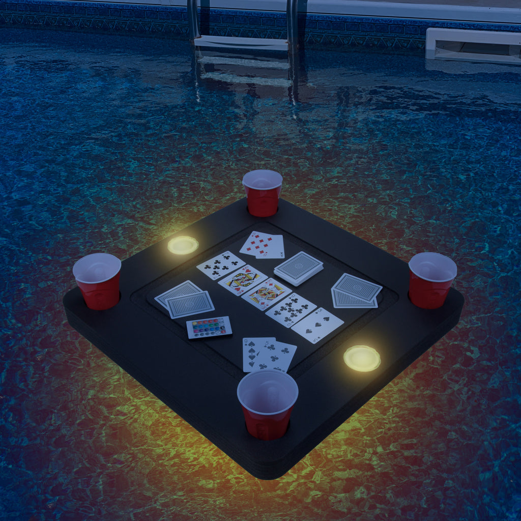 Card Table Super Bright Color LED Lights Game Tray Pool or Beach Lounge Durable Foam 23.75 Inch Drink Holders Waterproof Playing Cards UV Resistant