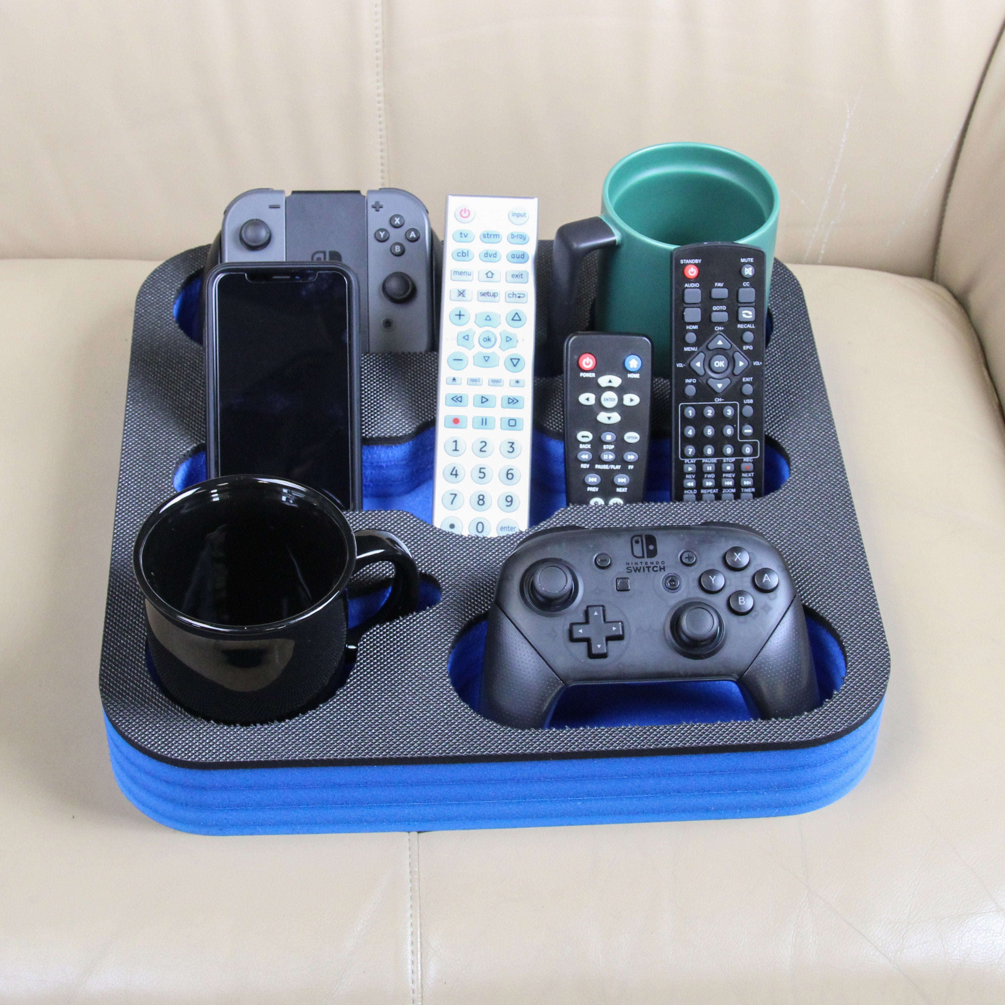 Couch Drink Holder Refreshment Tray for Sofa Bed Floor Car RV Lounge TV Room Durable Foam 5 Compartments 2 Game Controller Slots 13.75 Inches Wide