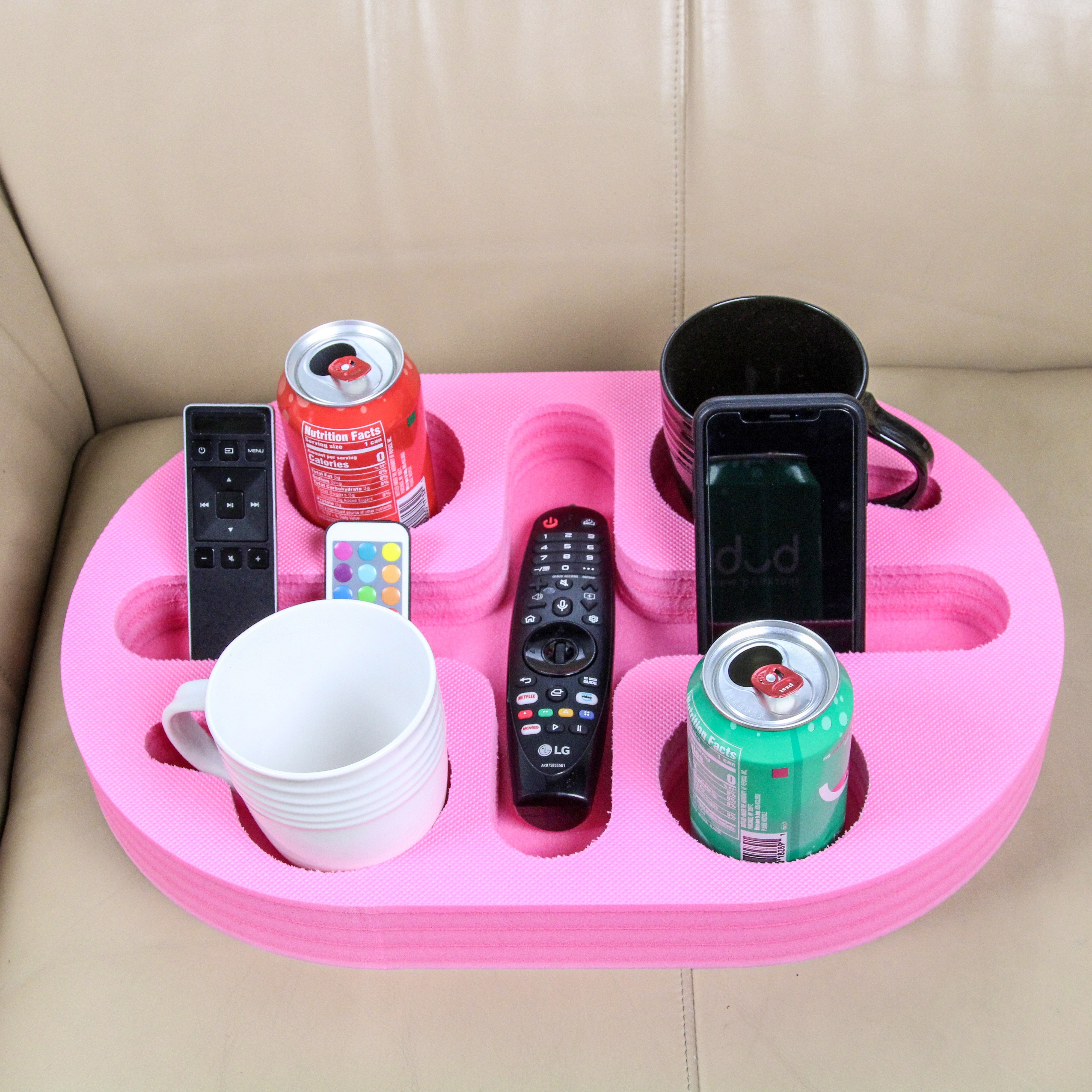 Polar Whale Couch Drink Holder Pink Oval Refreshment Tray for Sofa Bed Floor Car RV Lounge TV Room Durable Foam 5 Compartments 17.75 Inches Wide