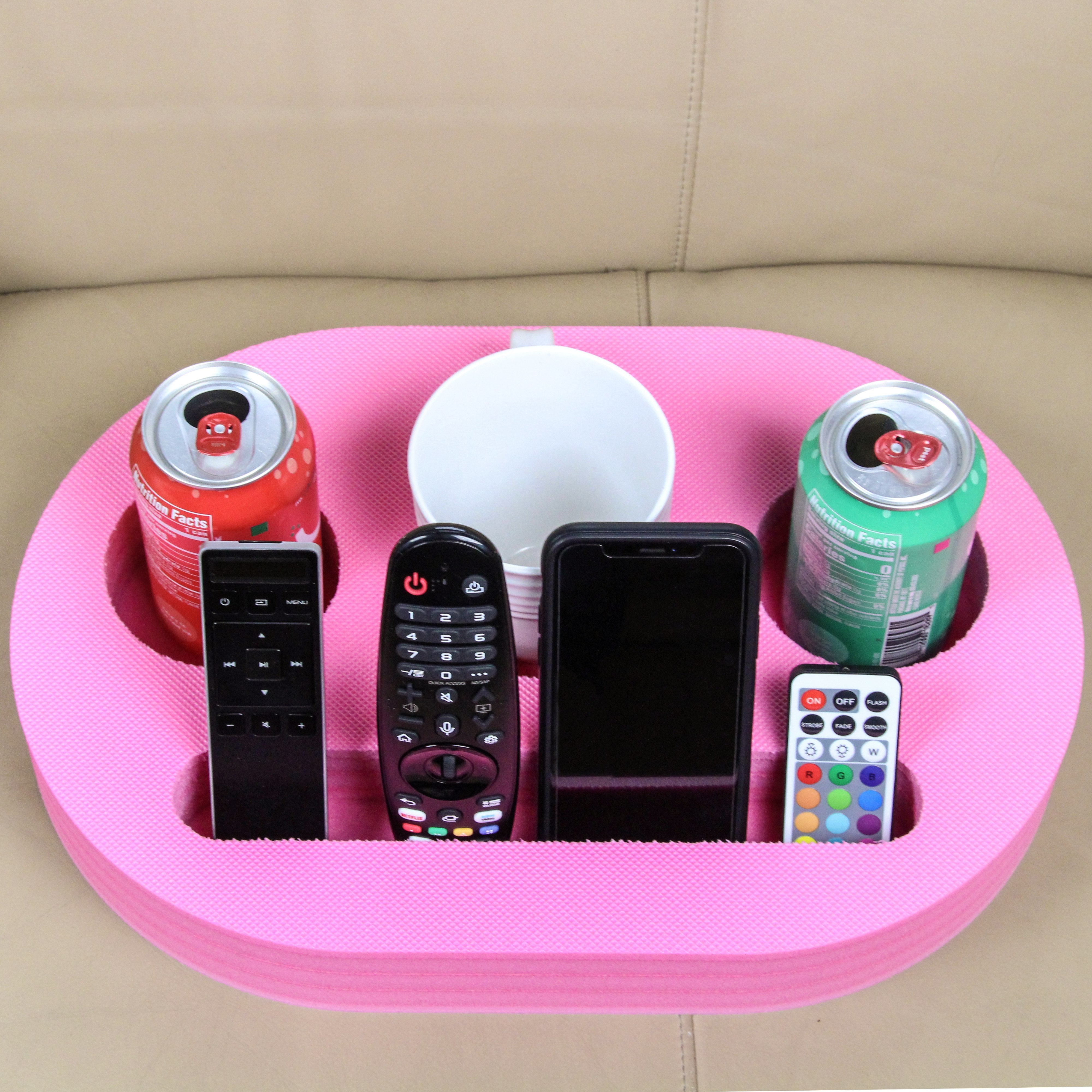 Polar Whale Couch Drink Holder Pink Oval Refreshment Tray for Sofa Bed Floor Car RV Lounge TV Room Durable Foam 4 Compartments 15.5 Inches Wide