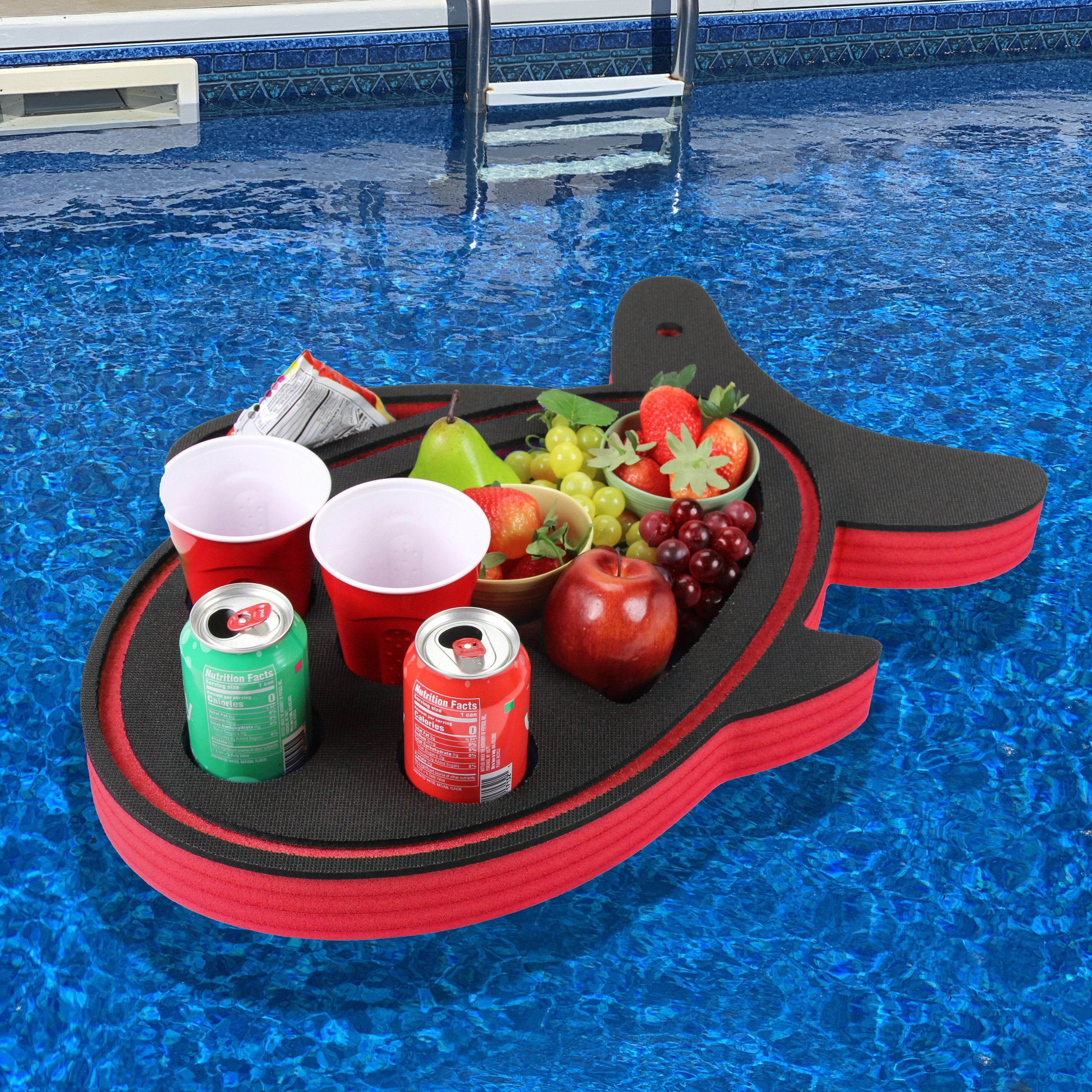 Floating Fish Drink Holder Red Refreshment Table Tray for Pool or Beach Party Float Lounge Durable 6 Compartment UV Resistant Cup Holders 2 Feet
