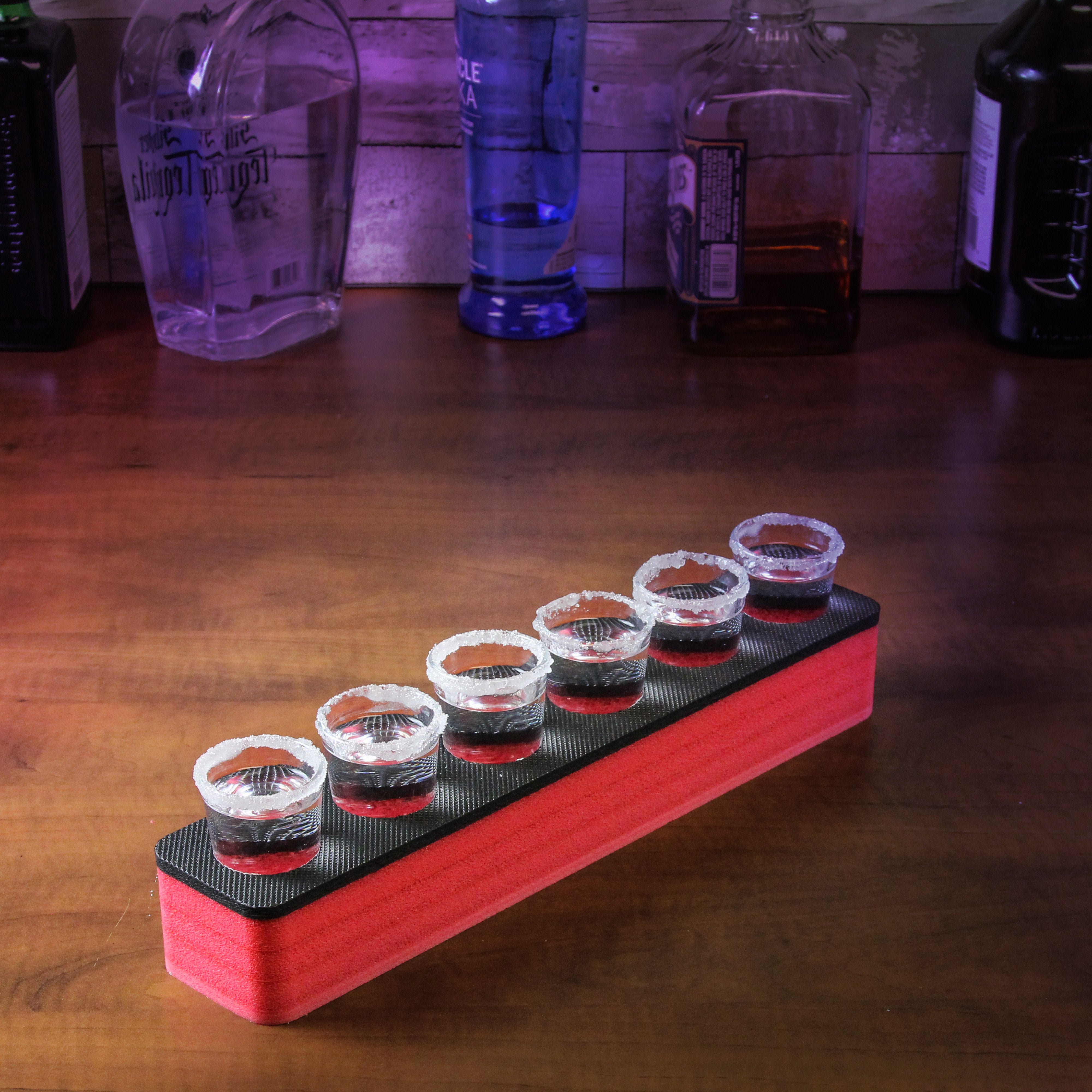 Shot Glass Holder Organizer Modern Tray for Home Kitchen Bar or Club Party Durable Red Durable Foam Serving Rack 14.5 Inches Wide Holds 6 Shots