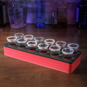 Shot Glass Holder Organizer Modern Tray for Home Kitchen Bar or Club Party Durable Red Durable Foam Serving Rack 14.5 Inches Wide Holds 12 Shots