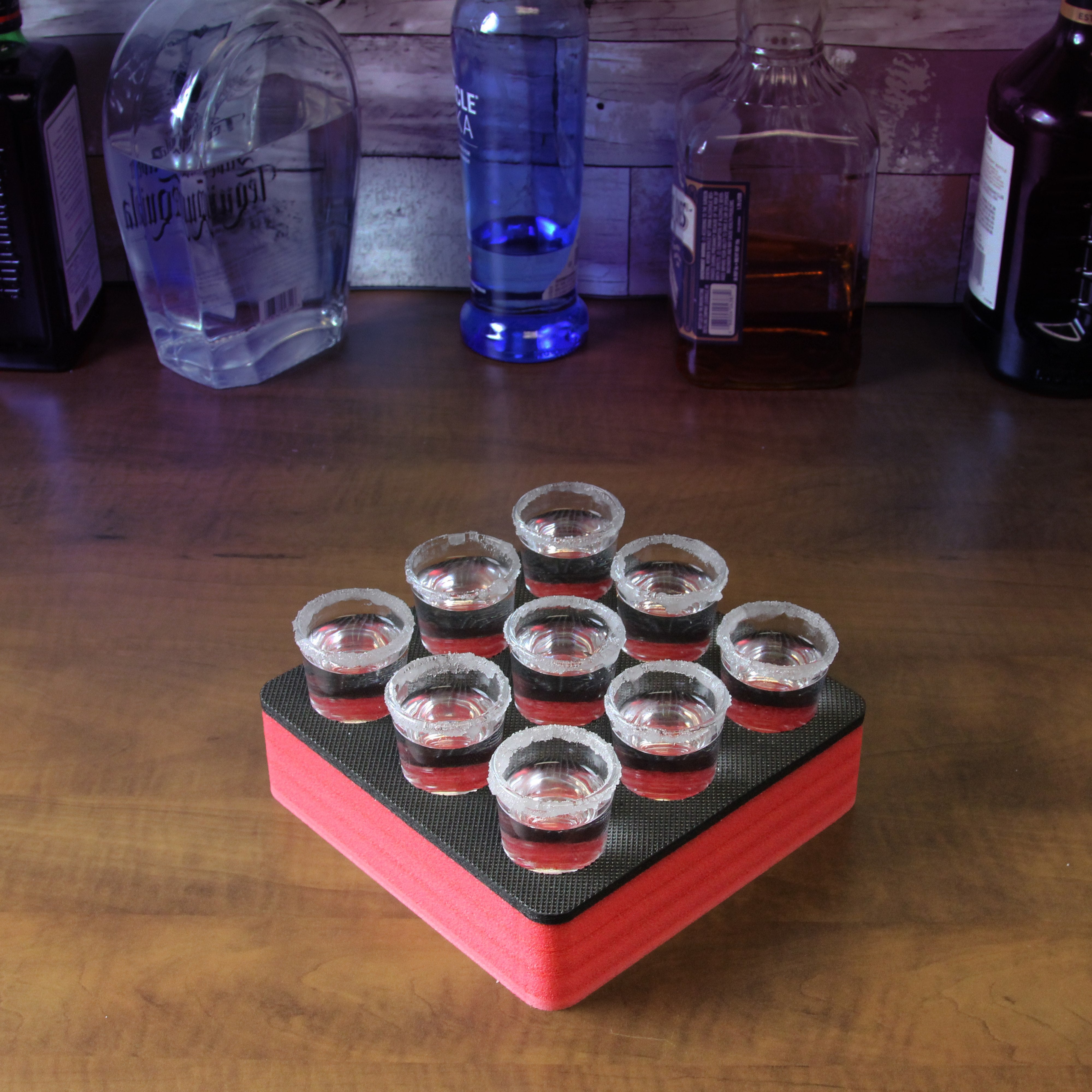 Shot Glass Holder Organizer Modern Tray for Home Kitchen Bar or Club Party Durable Red Durable Foam Serving Rack 7.75 Inches Wide Holds 9 Shots