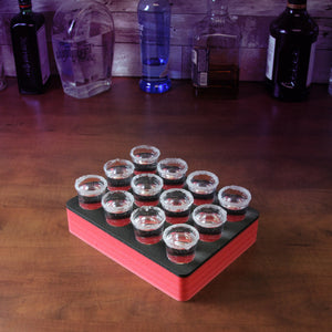 Shot Glass Holder Organizer Modern Tray for Home Kitchen Bar or Club Party Durable Red Durable Foam Serving Rack 10 Inches Wide Holds 12 Shots