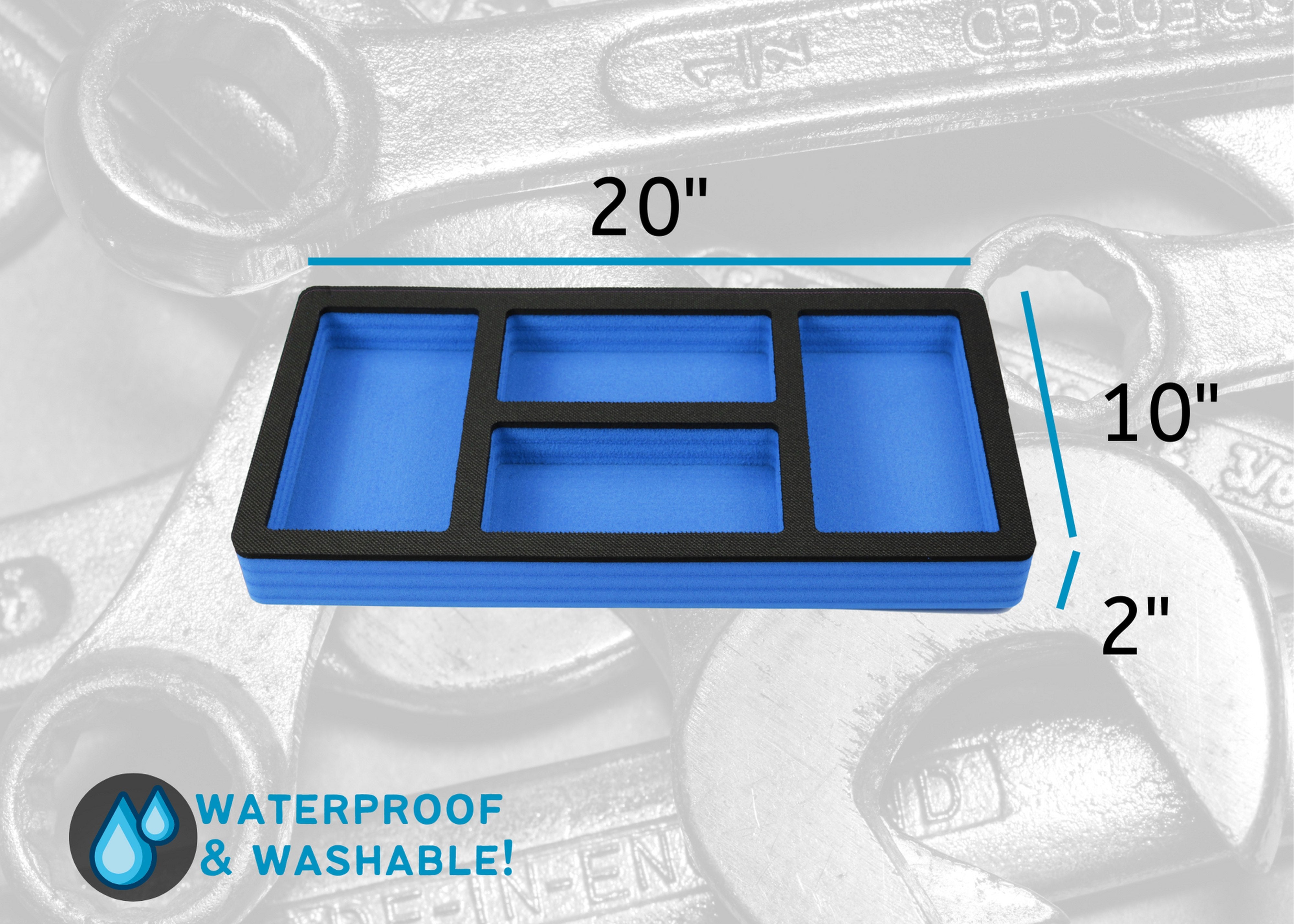 Tool Drawer Organizer Insert Blue and Black Durable Foam Strong Non-Slip Anti-Rattle Bin Holder Tray 20 x 10 Inches 4 Large Pockets Fits Craftsman Husky Kobalt Milwaukee and Many Others