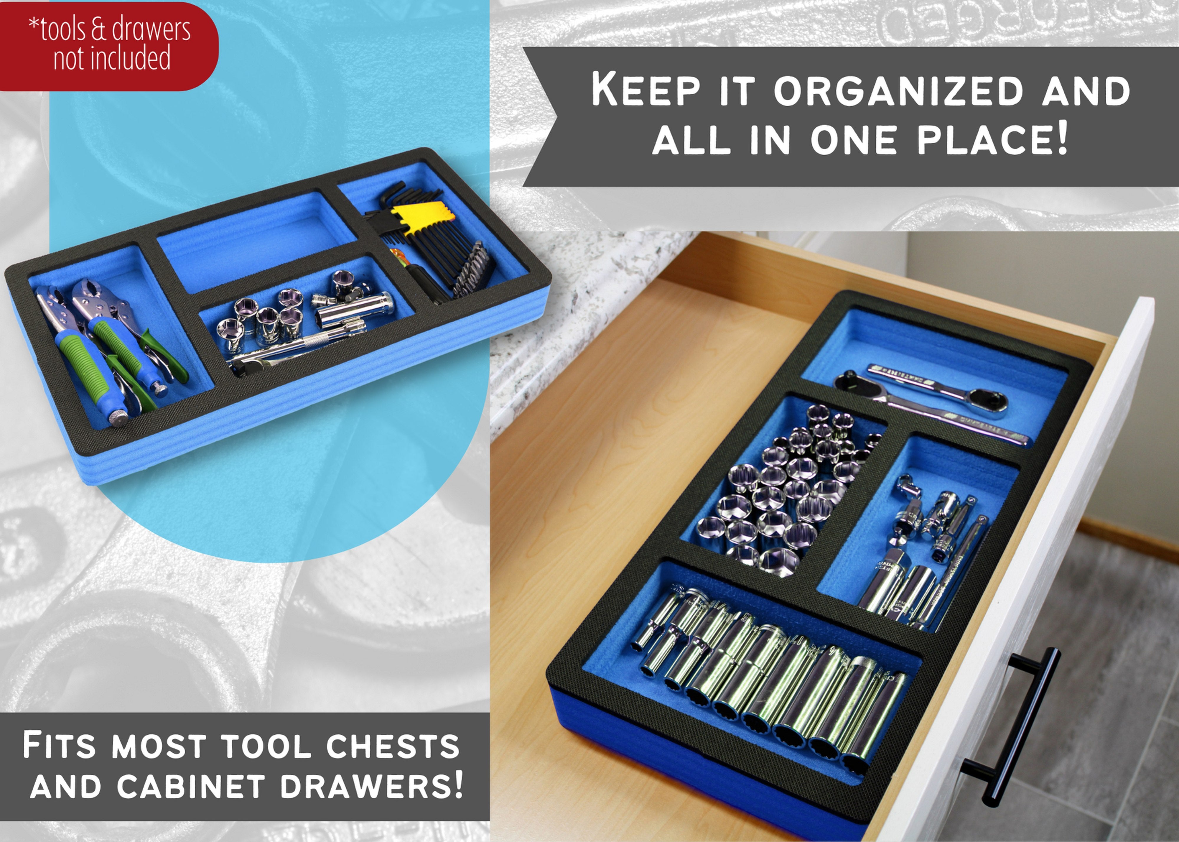 Tool Drawer Organizer Insert Blue and Black Durable Foam Strong Non-Slip Anti-Rattle Bin Holder Tray 20 x 10 Inches 4 Large Pockets Fits Craftsman Husky Kobalt Milwaukee and Many Others