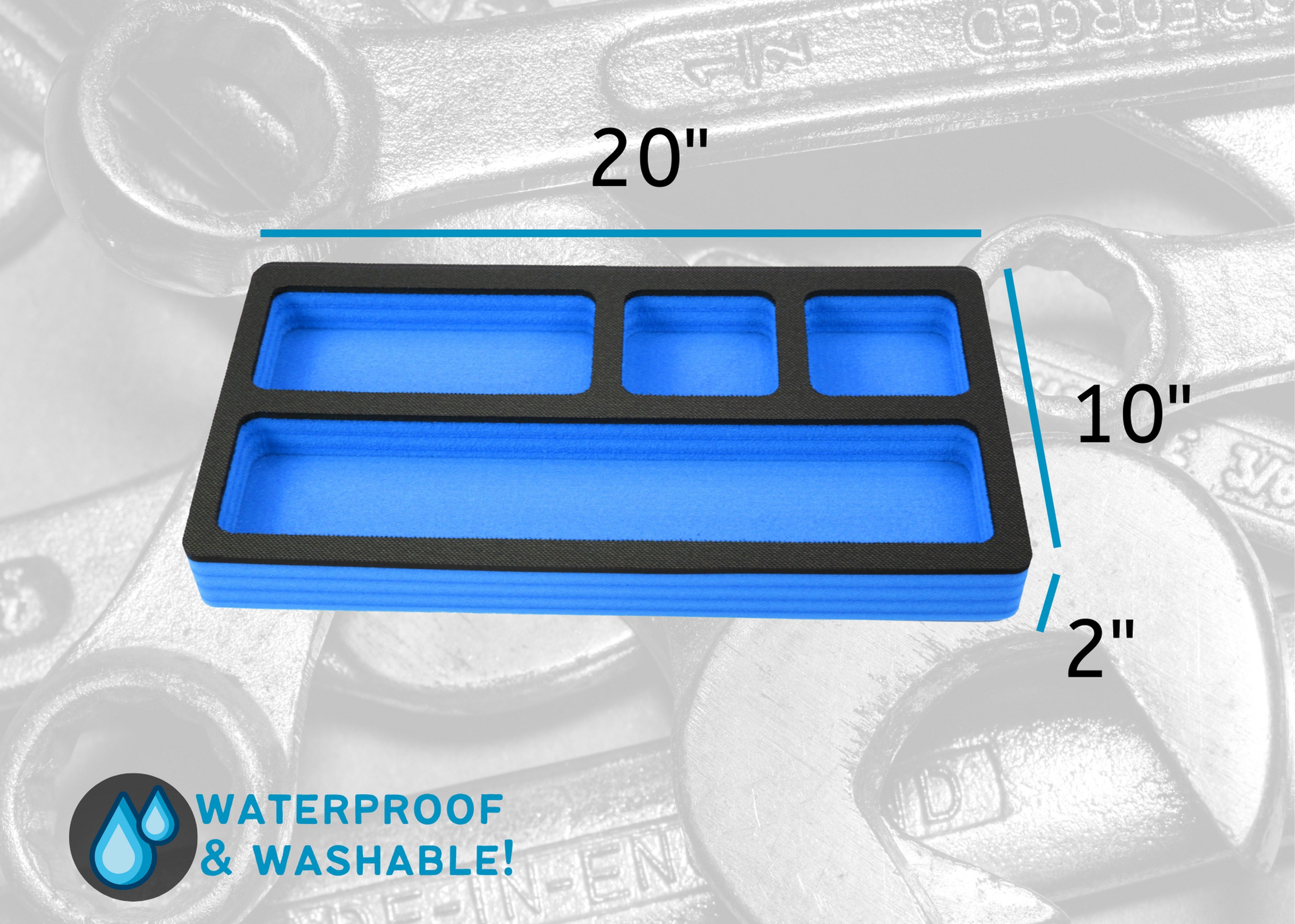 Tool Drawer Organizer Insert Blue and Black Durable Foam Strong Non-Slip Anti-Rattle Bin Holder Tray 20 x 10 Inches 4 Pockets Fits Craftsman Husky Kobalt Milwaukee and Many Others