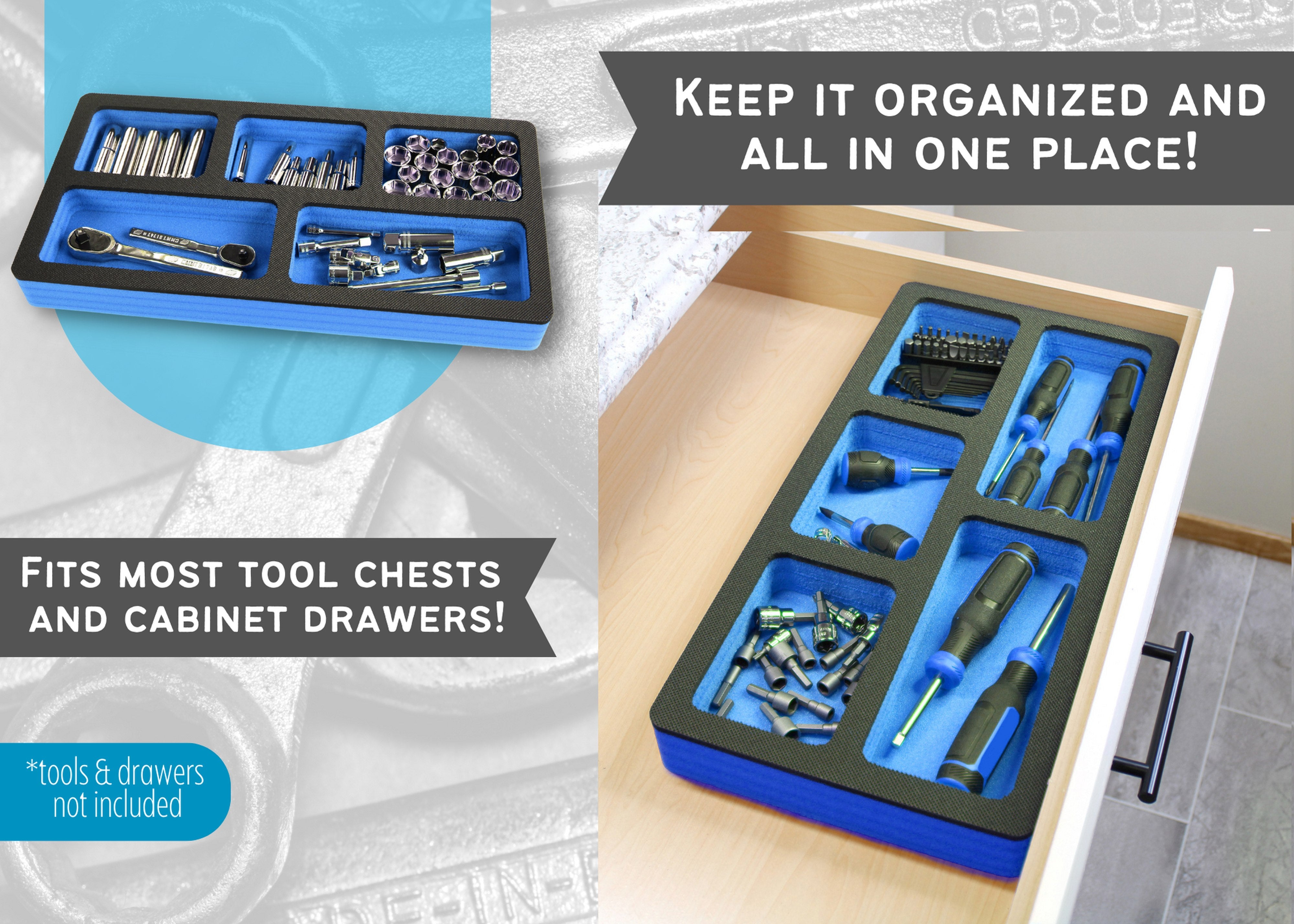 Tool Drawer Organizer Insert Blue and Black Durable Foam Strong