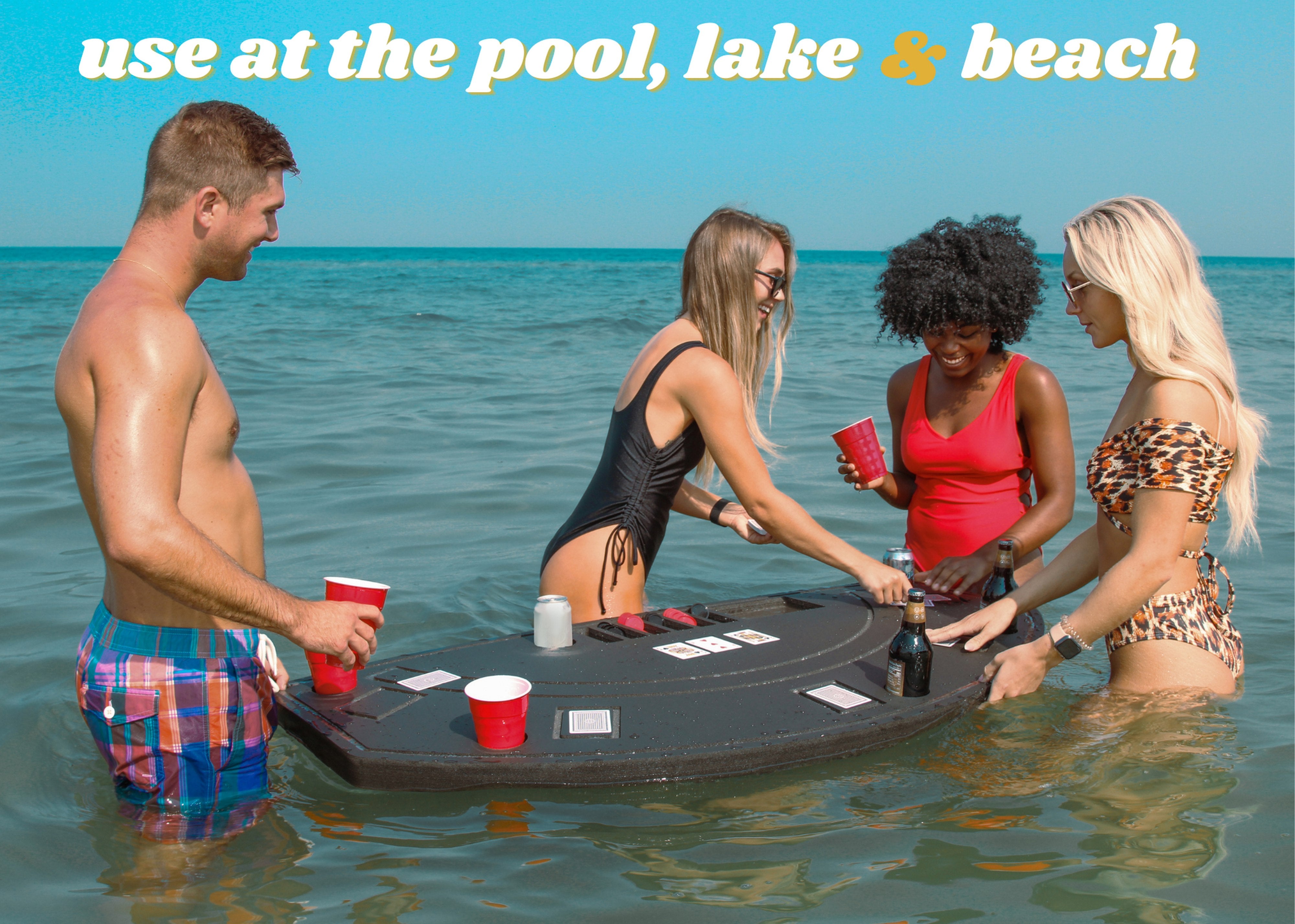 Floating Large jack Game Table Card Tray for Pool or Beach Float Lounge Durable Foam 60 Inch with Drink Holders Slots Includes Waterproof Cards