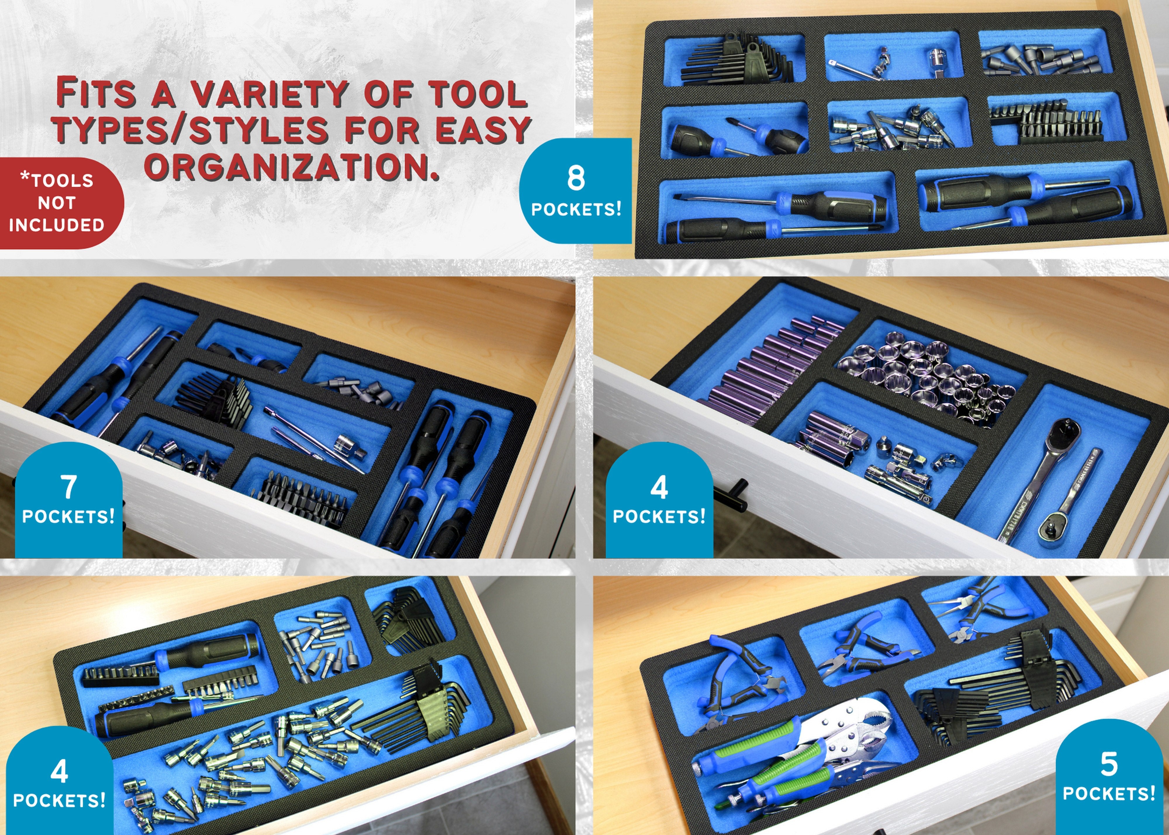 Tool Drawer Organizer 5-Piece Insert Set Blue and Black Durable Foam  Non-Slip Anti-Rattle Bin Holder Tray 20 x 10 Inches Large Pockets Fits  Craftsman