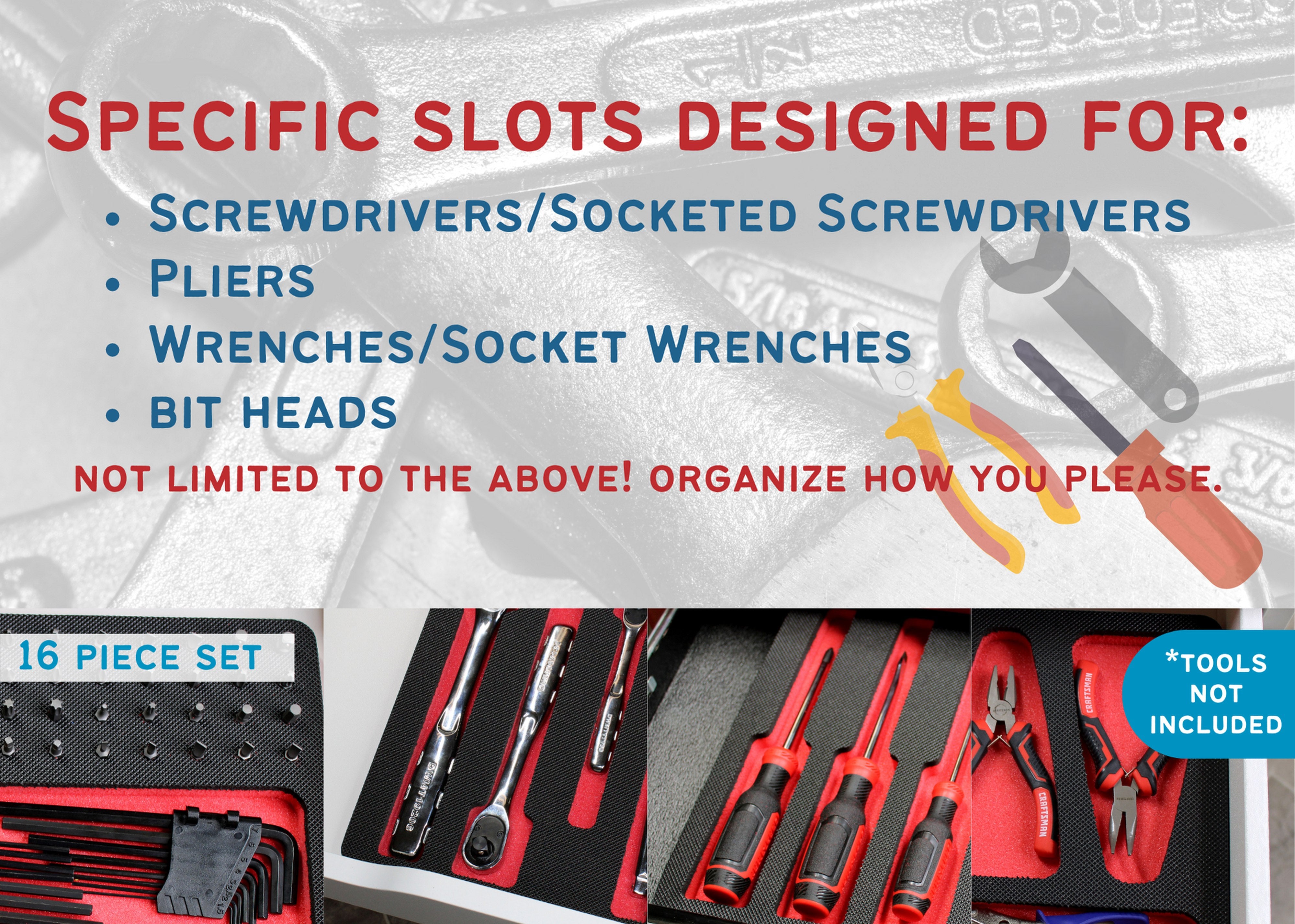Tool Drawer Organizer 16-Piece Insert Set Red and Black Durable Foam Holds Many Tools and Accessories 10 x 11 Inch Trays Fits Craftsman Husky Kobalt Milwaukee Many Others