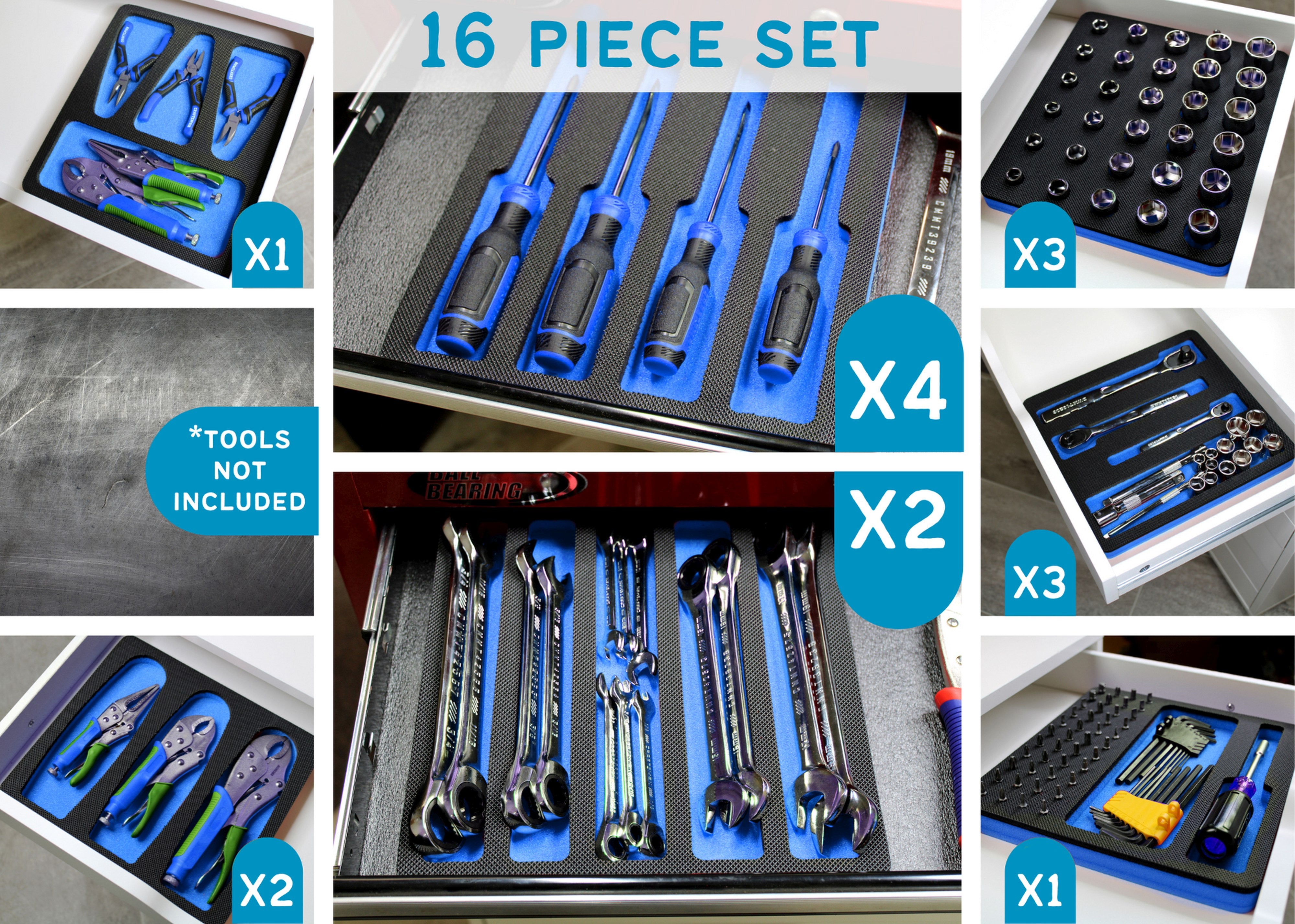 Tool Drawer Organizer 16-Piece Insert Set Blue and Black Durable Foam Holds Many Tools and Accessories 10 x 11 Inch Trays Fits Craftsman Husky Kobalt Milwaukee Many Others