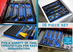 Tool Drawer Organizer 16-Piece Insert Set Blue and Black Durable Foam Holds Many Tools and Accessories 10 x 11 Inch Trays Fits Craftsman Husky Kobalt Milwaukee Many Others