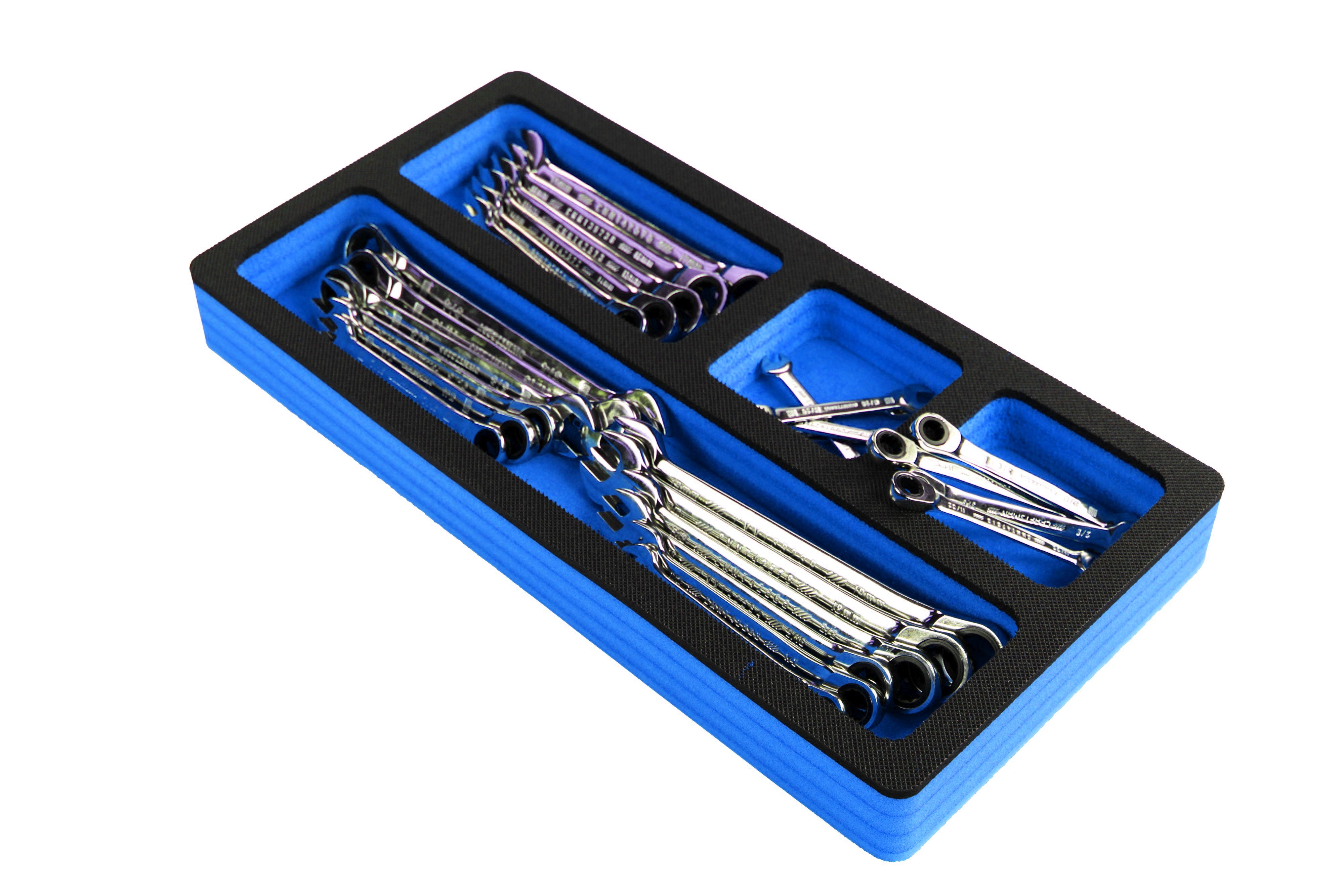 Tool Drawer Organizer Insert Blue and Black Durable Foam Strong Non-Slip Anti-Rattle Bin Holder Tray 20 x 10 Inches 4 Pockets Fits Craftsman Husky Kobalt Milwaukee and Many Others