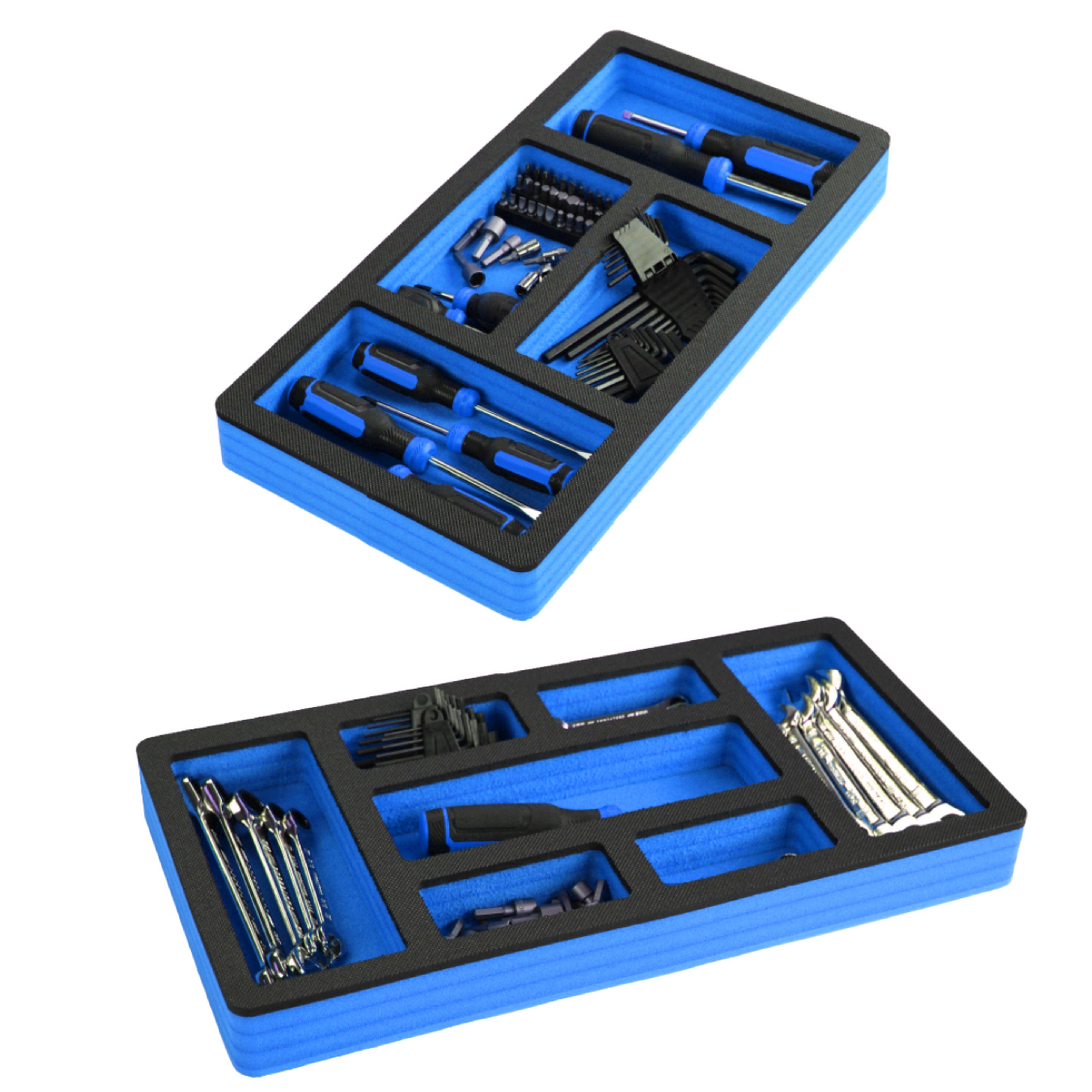 Tool Drawer Organizer 2-Piece Insert Set Blue and Black Durable Foam Non-Slip Anti-Rattle Bin Holder Tray 20 x 10 Inches Large Pockets Fits Craftsman Husky Kobalt Milwaukee and Many Others